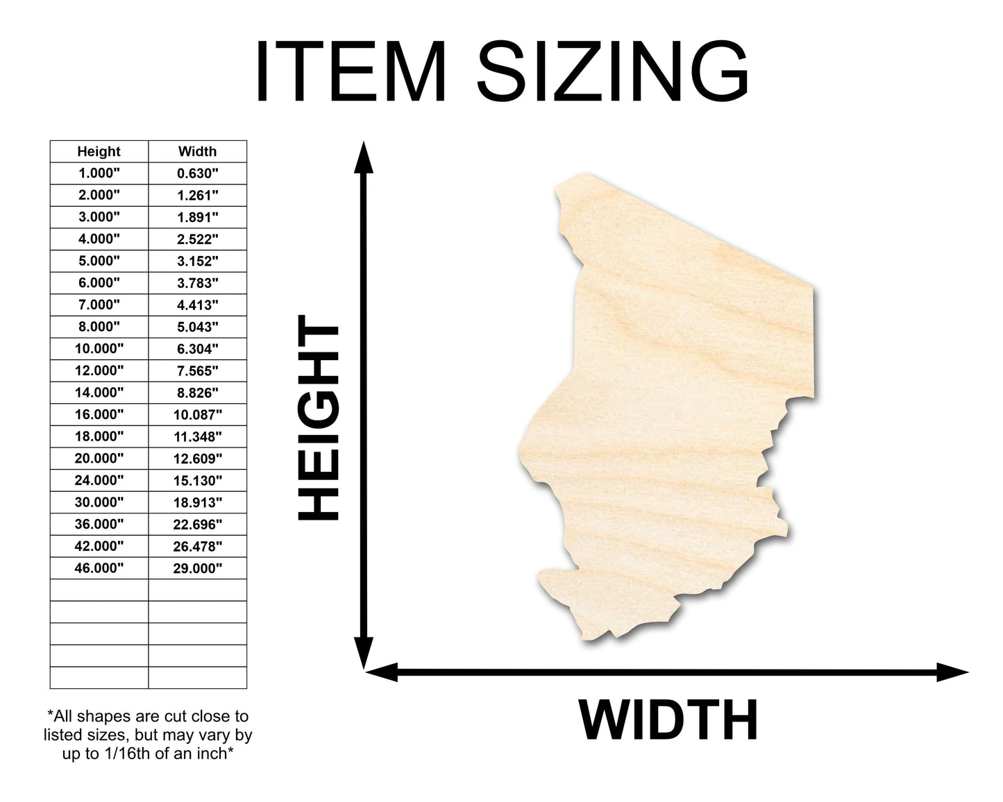 Unfinished Wood Chad Country Shape - North Central Africa Craft - up to 46" DIY