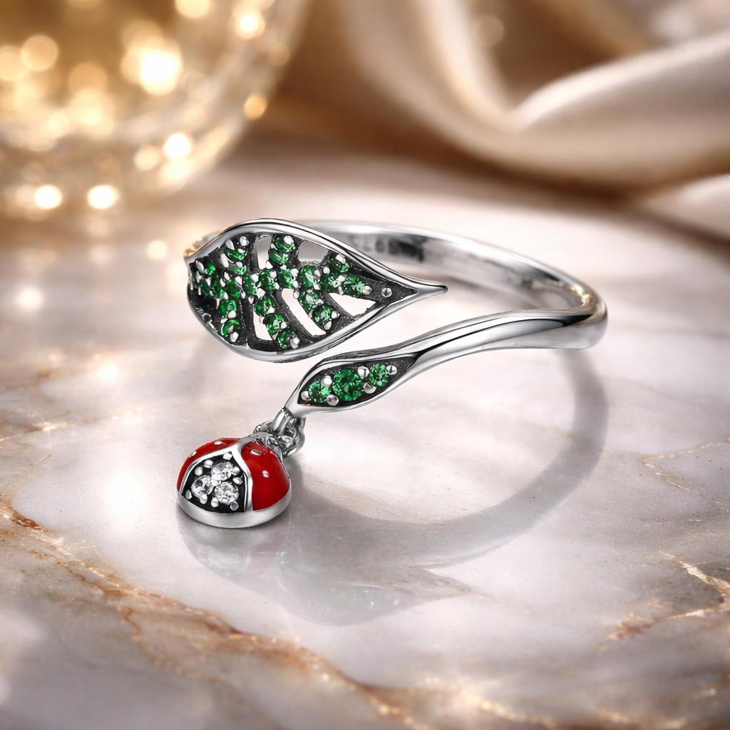925 Sterling Silver Ring with Genuine Beetle and Leaf Design - 0.8x0.5cm, Women