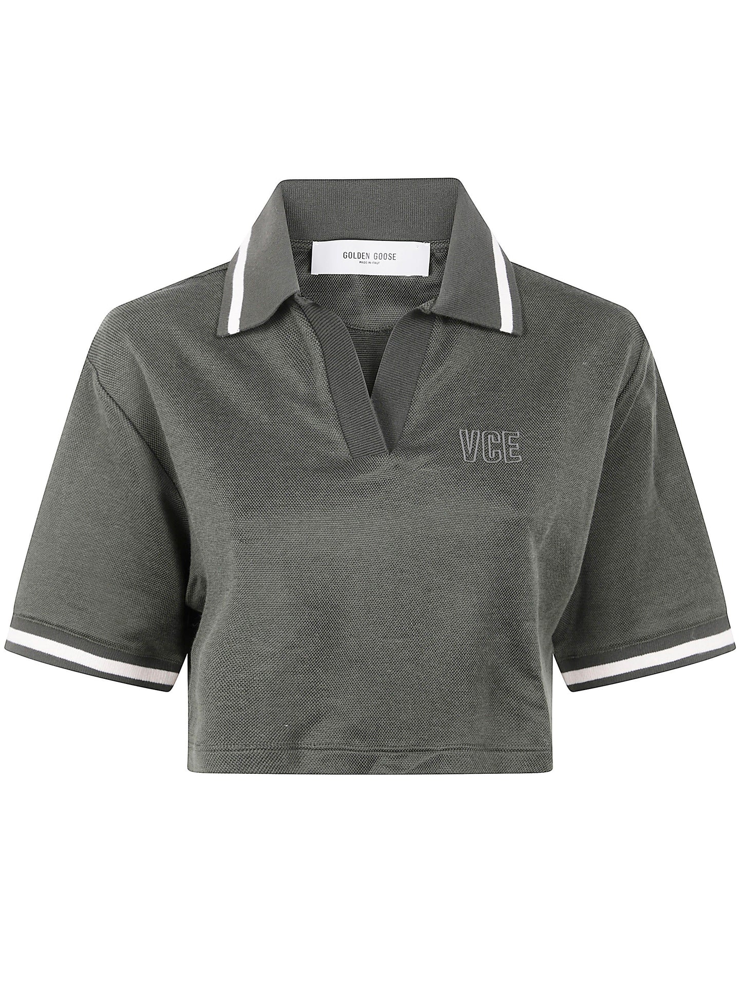 Golden Goose Women "Journey W`S" Medium Crop Polo Fluid Jersey Knitted Rib Micro Piquet Tonal Embroidery
