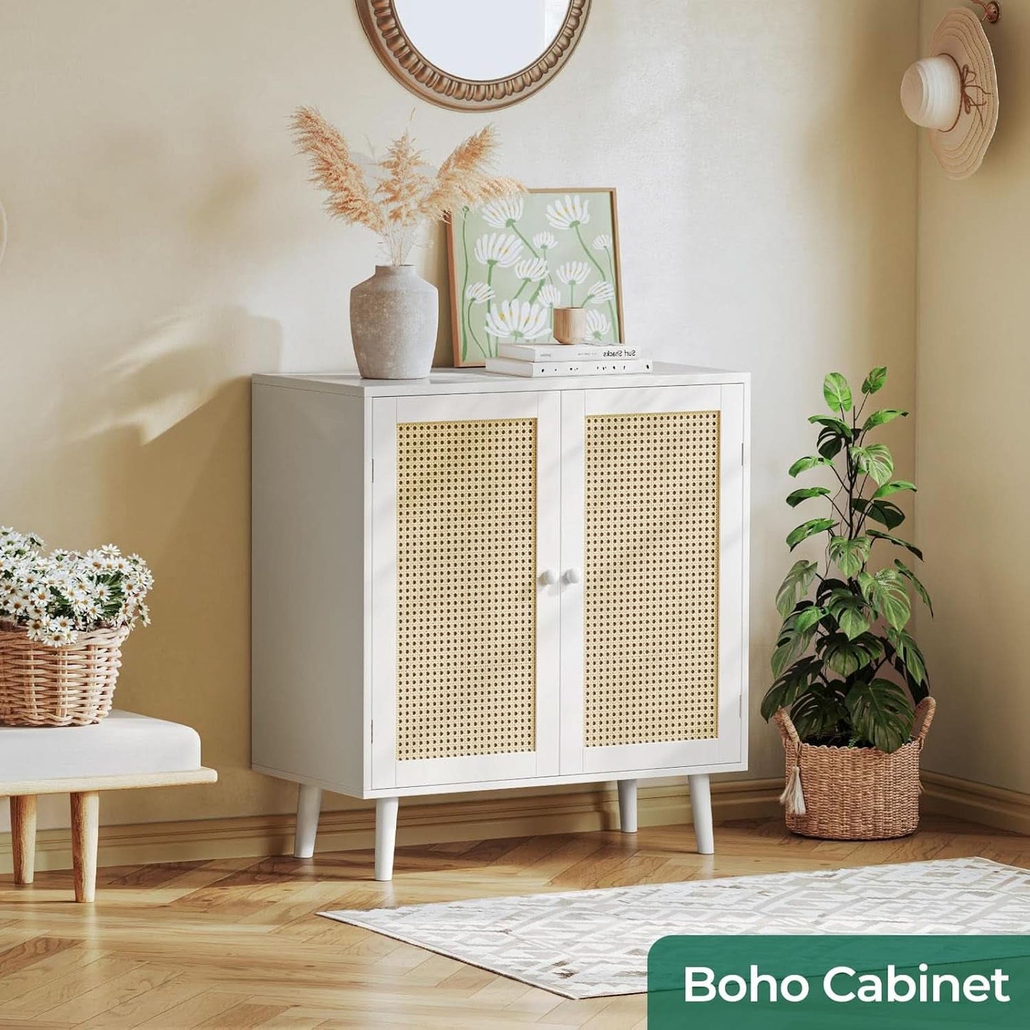 White Buffet Cabinet With Rattan Decor Doors And Storage