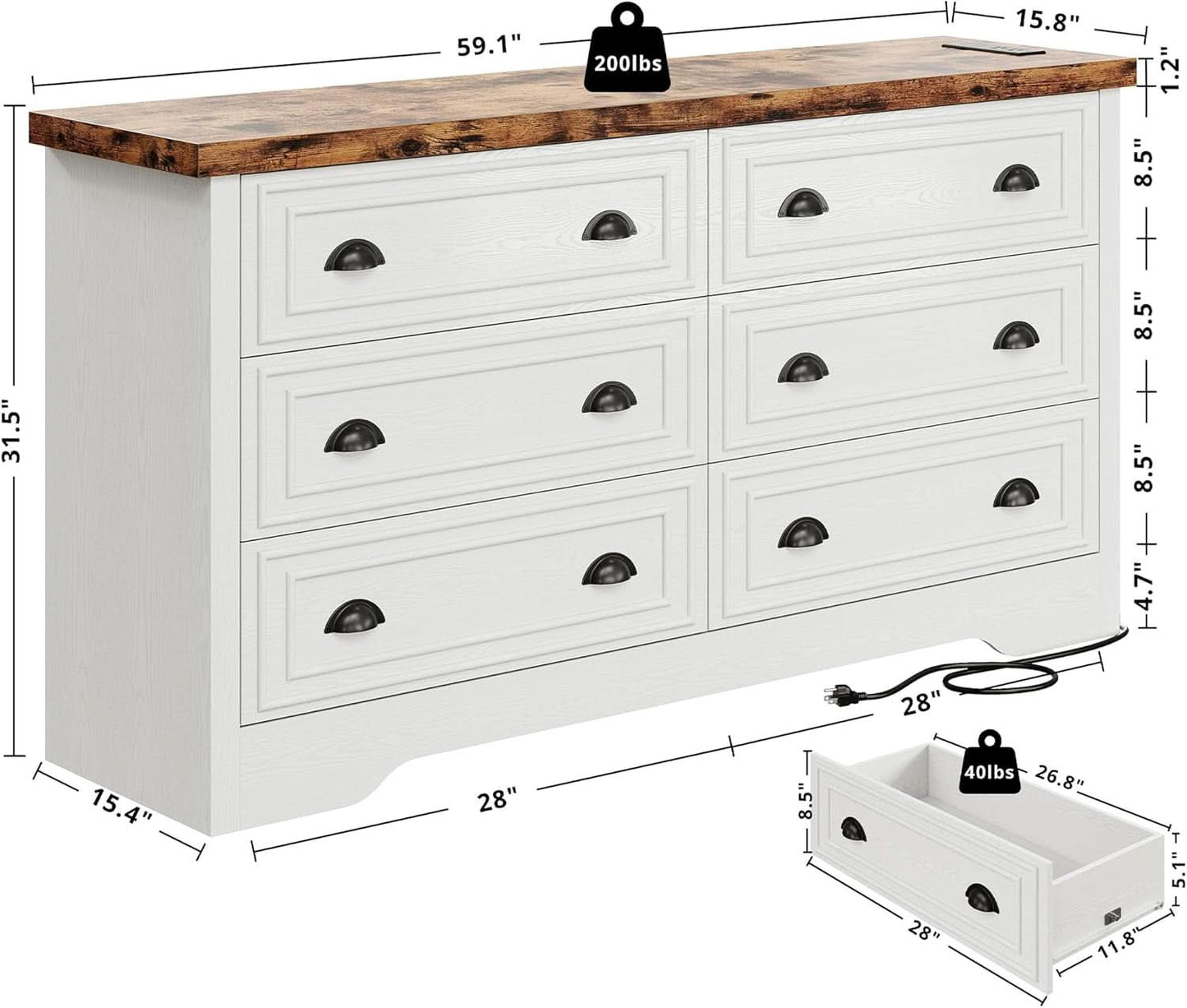 59Inch Dresser With BuiltIn Charging Station USB Port