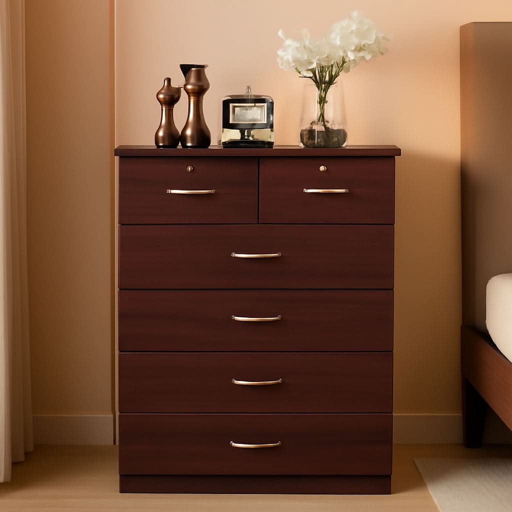 7 Drawer Wood Dresser Mahogany With 2 Locks On Top Drawers