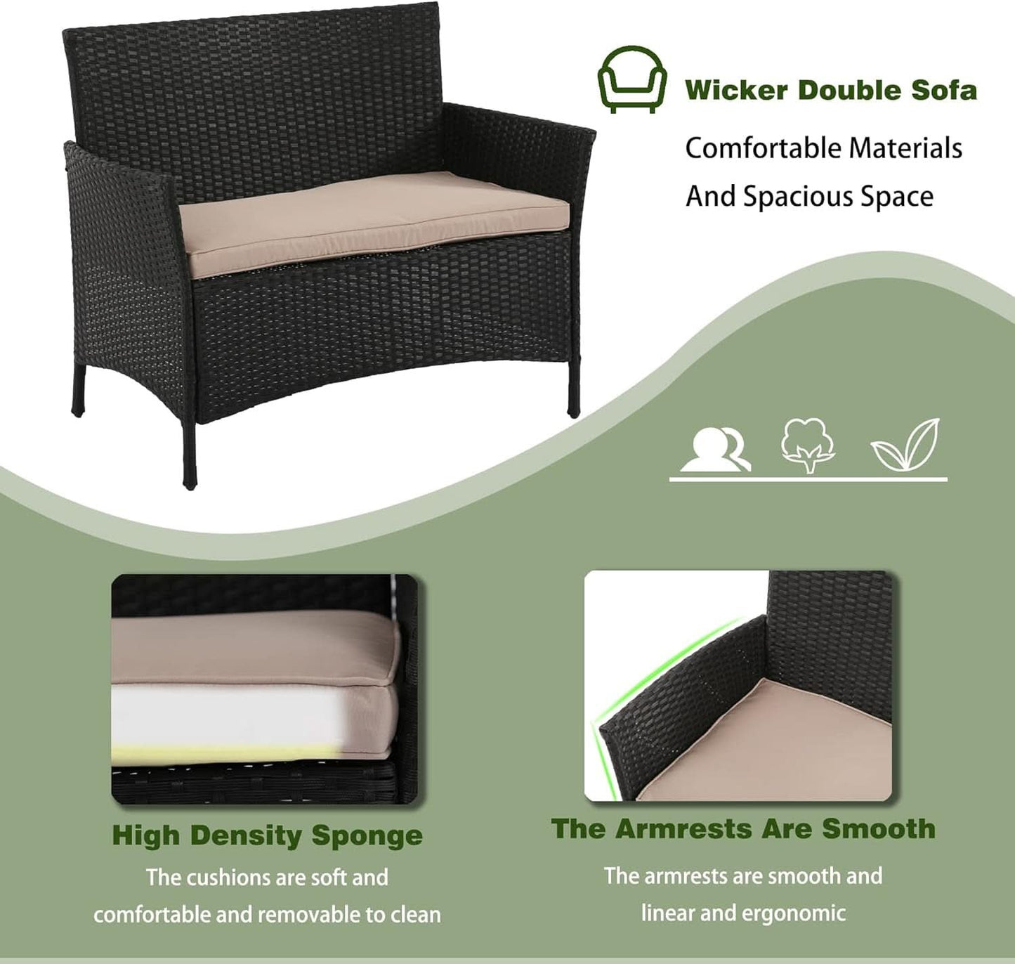 4 Piece Rattan Patio Set With Glass Table Black Cushions