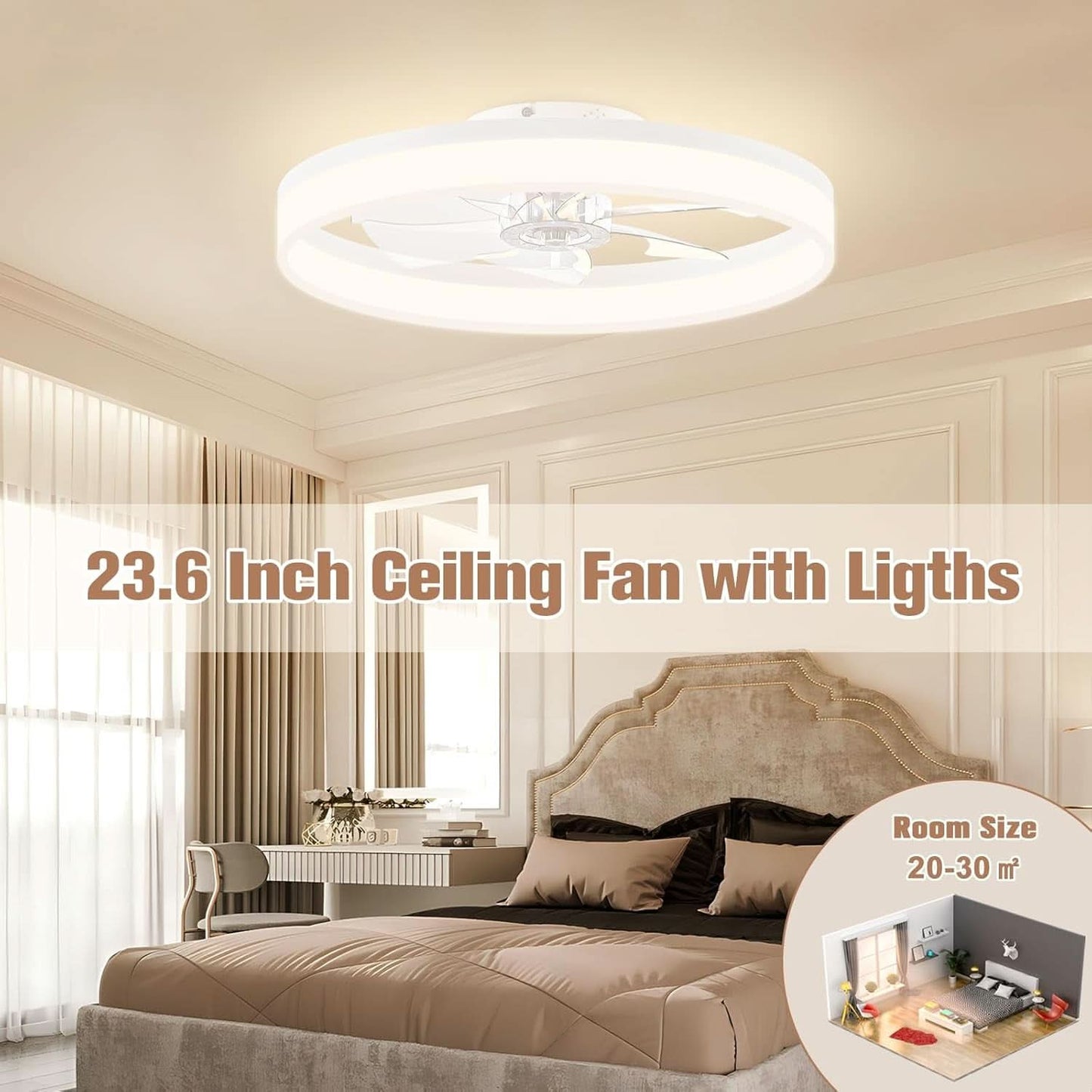 23.6 Inch White Low Profile LED Ceiling Fan Light With Remote Dimmable Color Temperature 3000K To 6500K