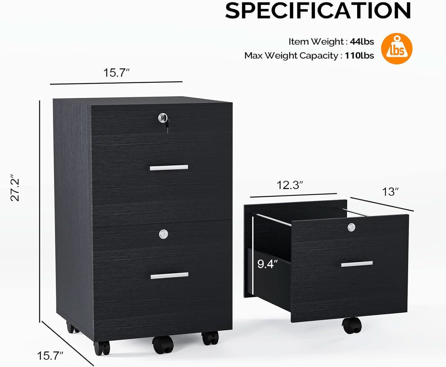 2 Drawer Rolling File Cabinet With Lock For Letter Size Folders Under Desk Black
