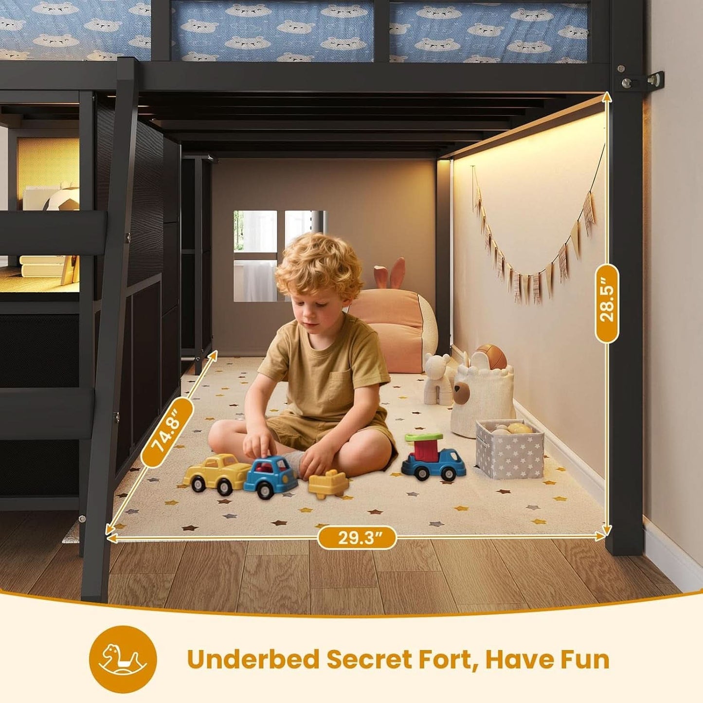 Twin Loft Bed With LED Lights And Storage Drawers Included