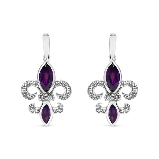 .925 Sterling Silver Marquise Cut Amethyst and Diamond Accent Fleur De Lis Dangle Stud Earrings (H-I Color, SI1-SI2 Clarity)