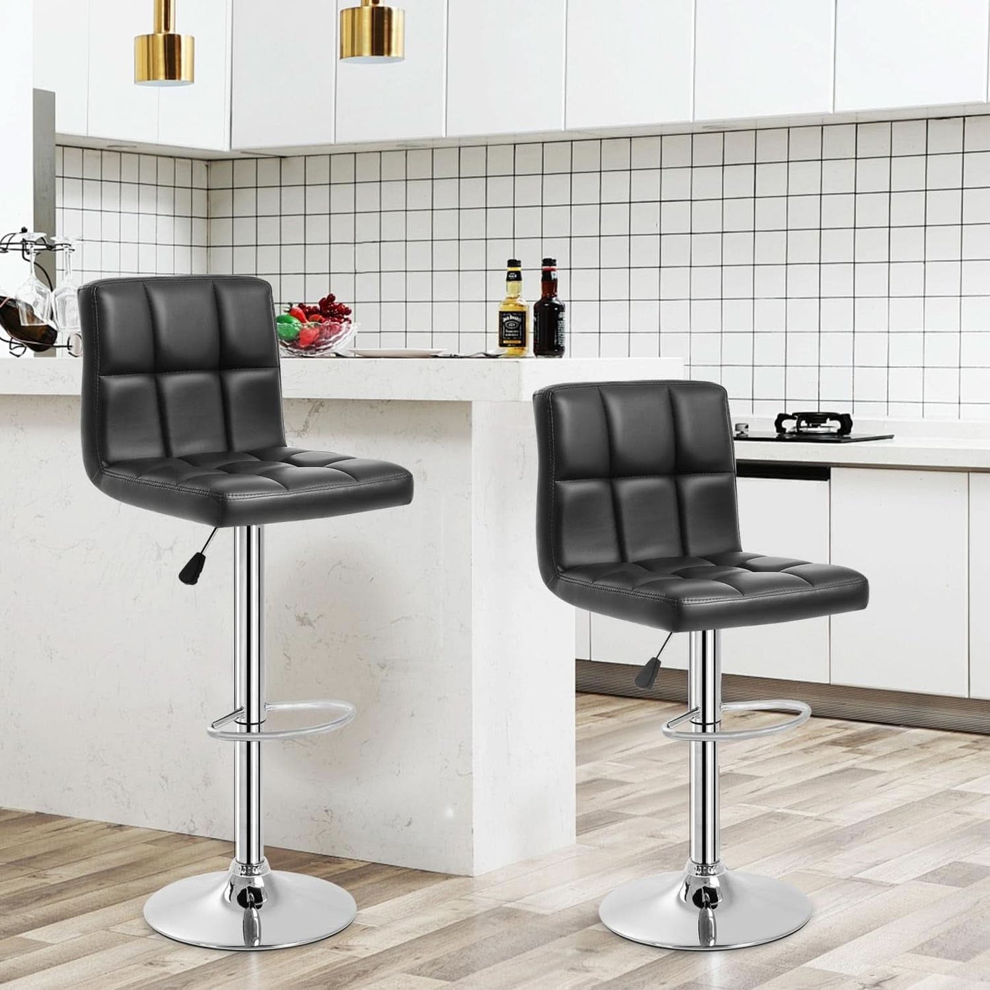 Counter Height Swivel Bar Stool Set Of 2 PU Leather Black