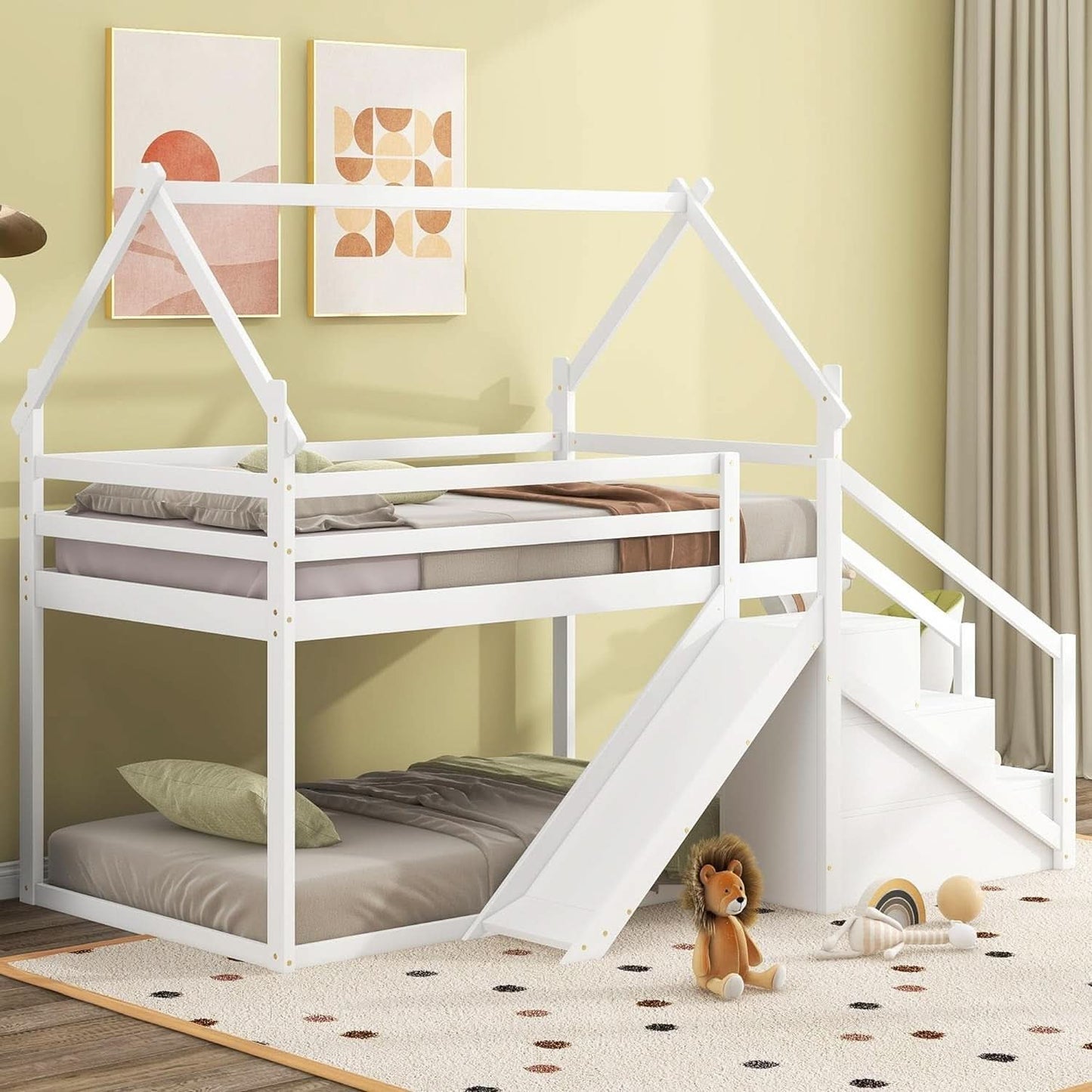 White House Twin Over Twin Bunk Bed With Slide And Stairs