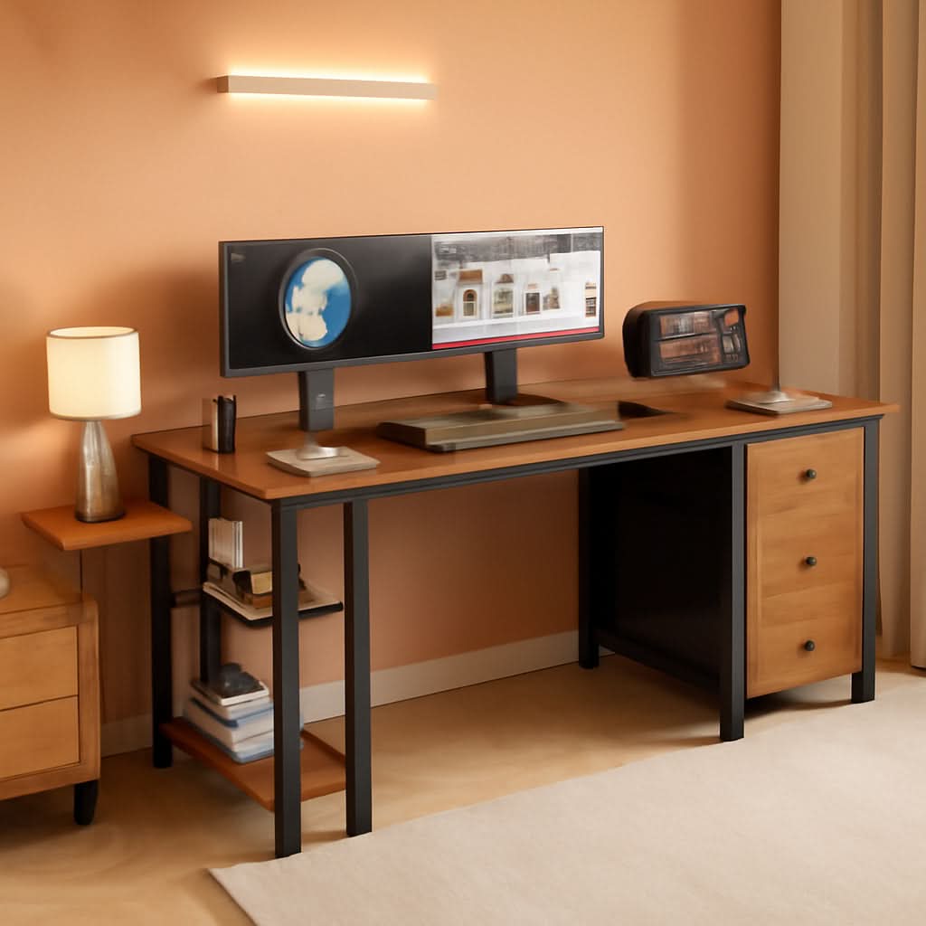 55 Inch Rustic Brown Computer Desk With 4 Fabric Drawers