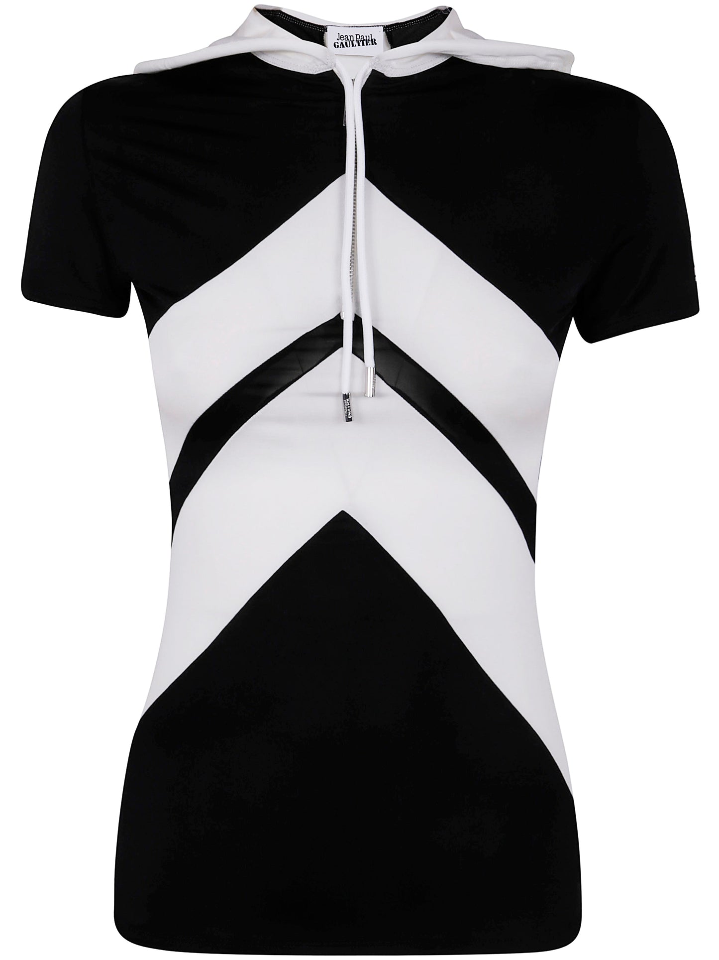 Jean Paul Gaultier Women Viscose Baby Tee Shirt With Inlaid Chevron, "Gaultier" Patch Detail And Hood