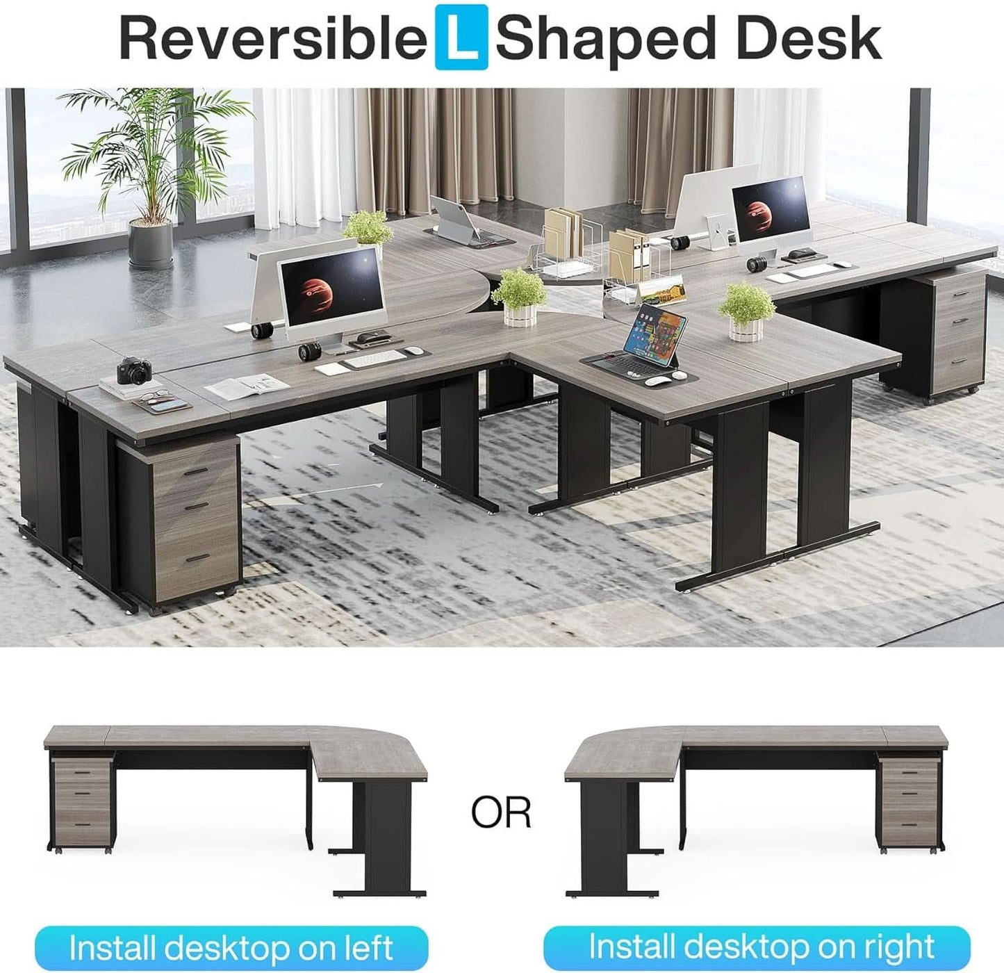 83 Inch L Shaped Desk With Gray Three Drawer File Cabinet