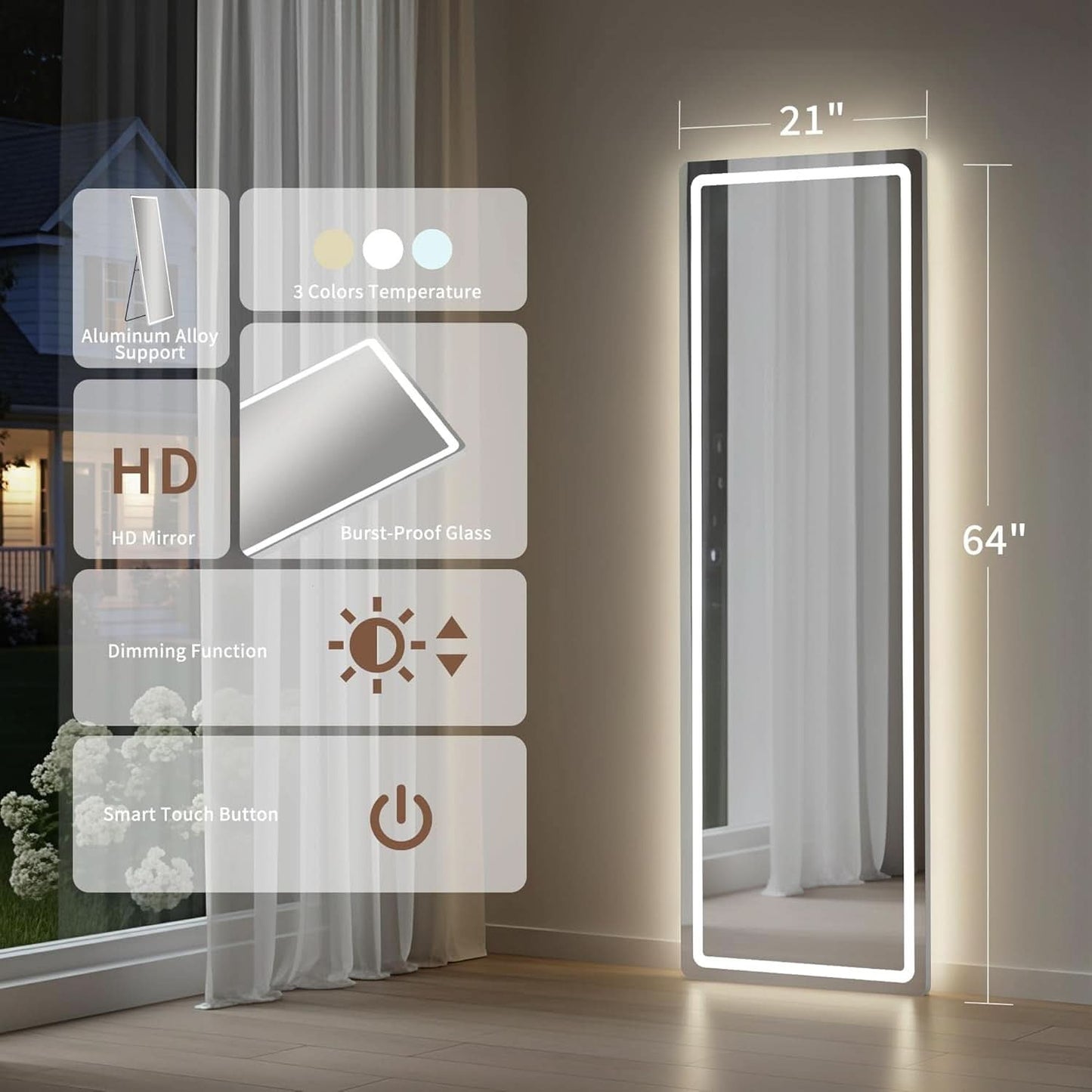 64 Inch Full Length Mirror With LED Lights Aluminum Frame 3 Color Temperatures