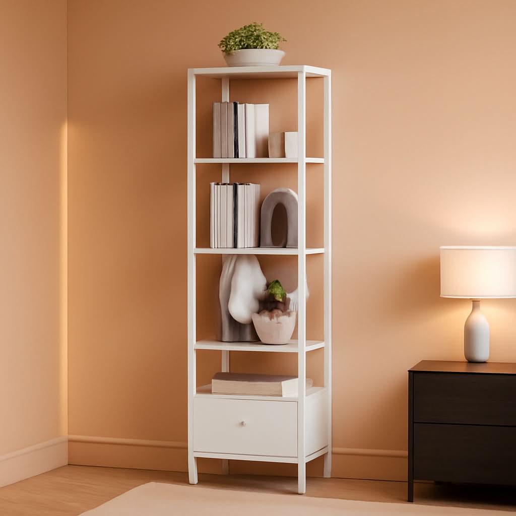 White 6-Tier Narrow Bookshelf With Door For Small Space