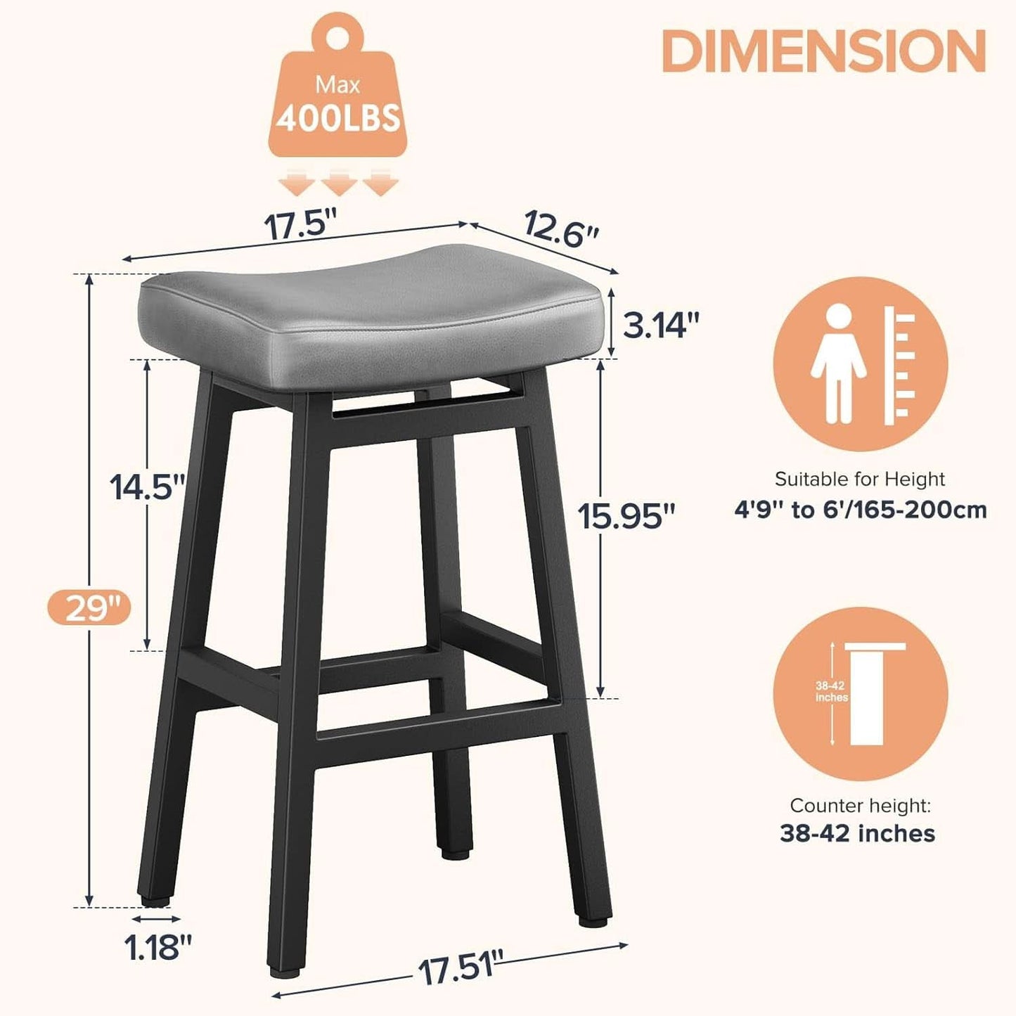 29 Inch Bar Stools Set of 2 All Black Bonded Leather Saddle Seats With Heavy Duty Metal Legs