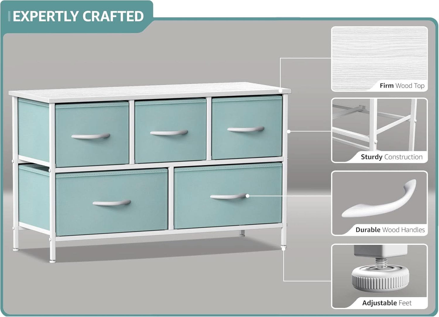 Kids Dresser With 5 Drawers, Pastel Aqua, Steel Frame