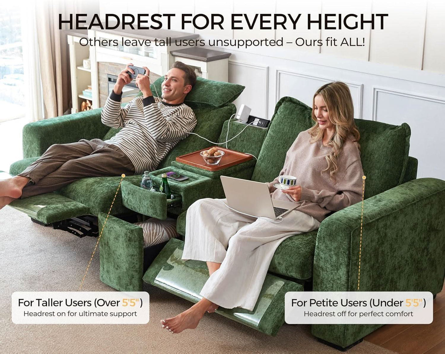 102.8 Inch White Power Recliner Sofa With Headrest And USB Charging Storage Ottoman