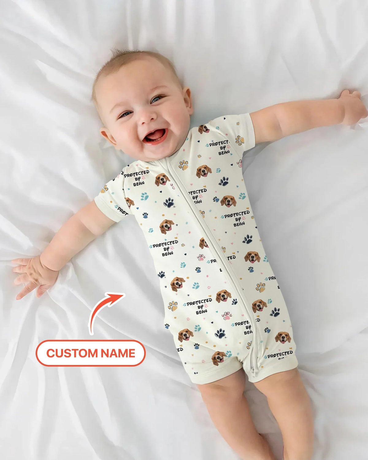 Custom Dog Photo Pattern "Protected By" Shorty Zippered Romper