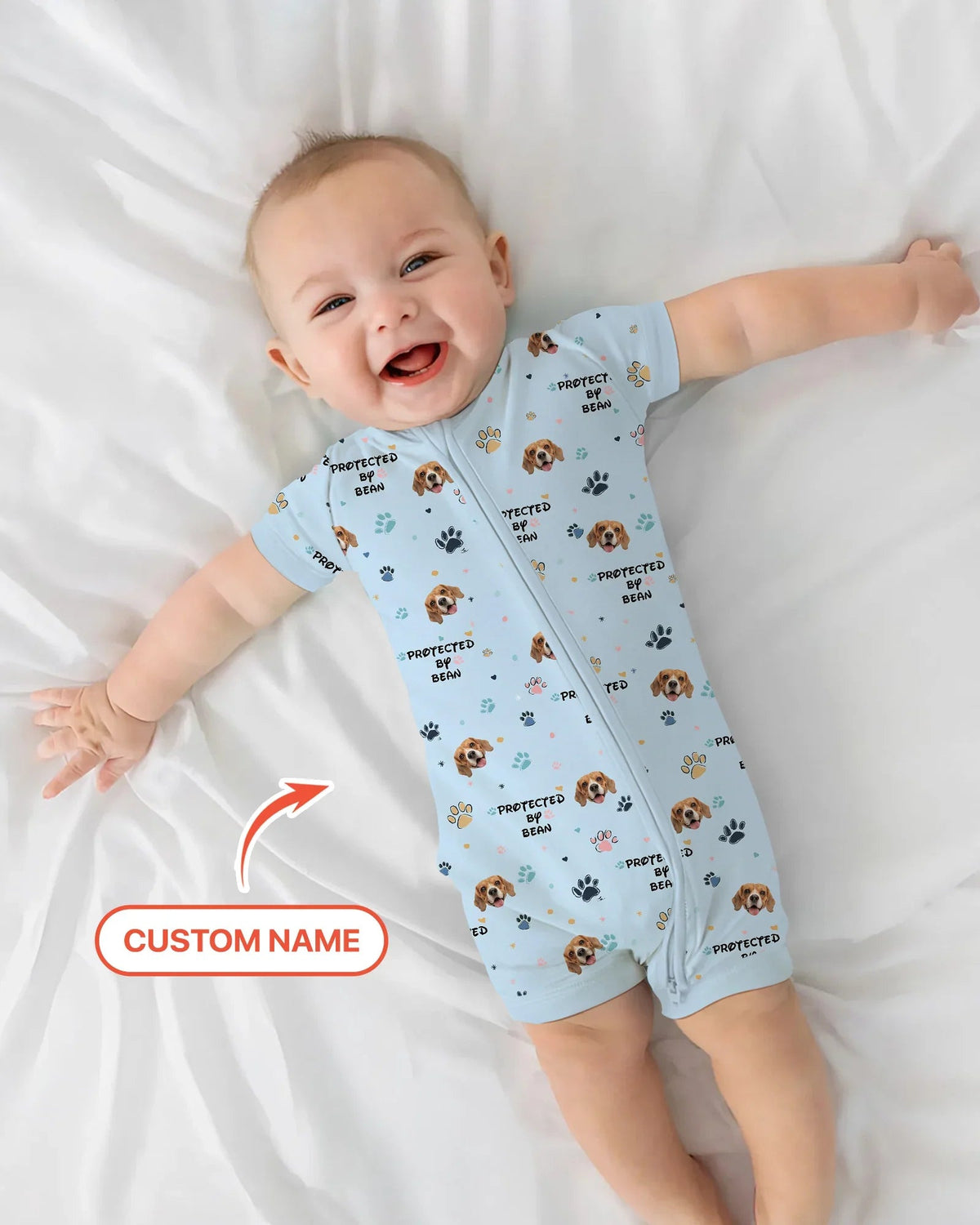 Custom Dog Photo Pattern "Protected By" Shorty Zippered Romper