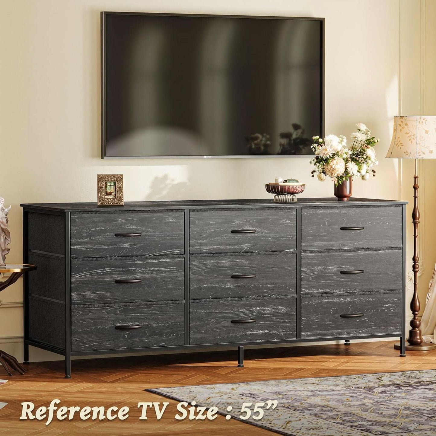 9 Drawer Dresser TV Stand 55 Inch Charcoal Black Wood Grain