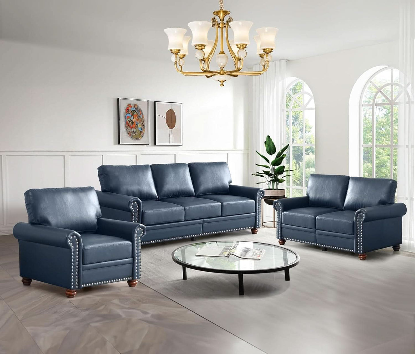 Two Piece Upholstered PU Leather Sofa Set Navy Blue With Storage Mid Century Modern Living Room