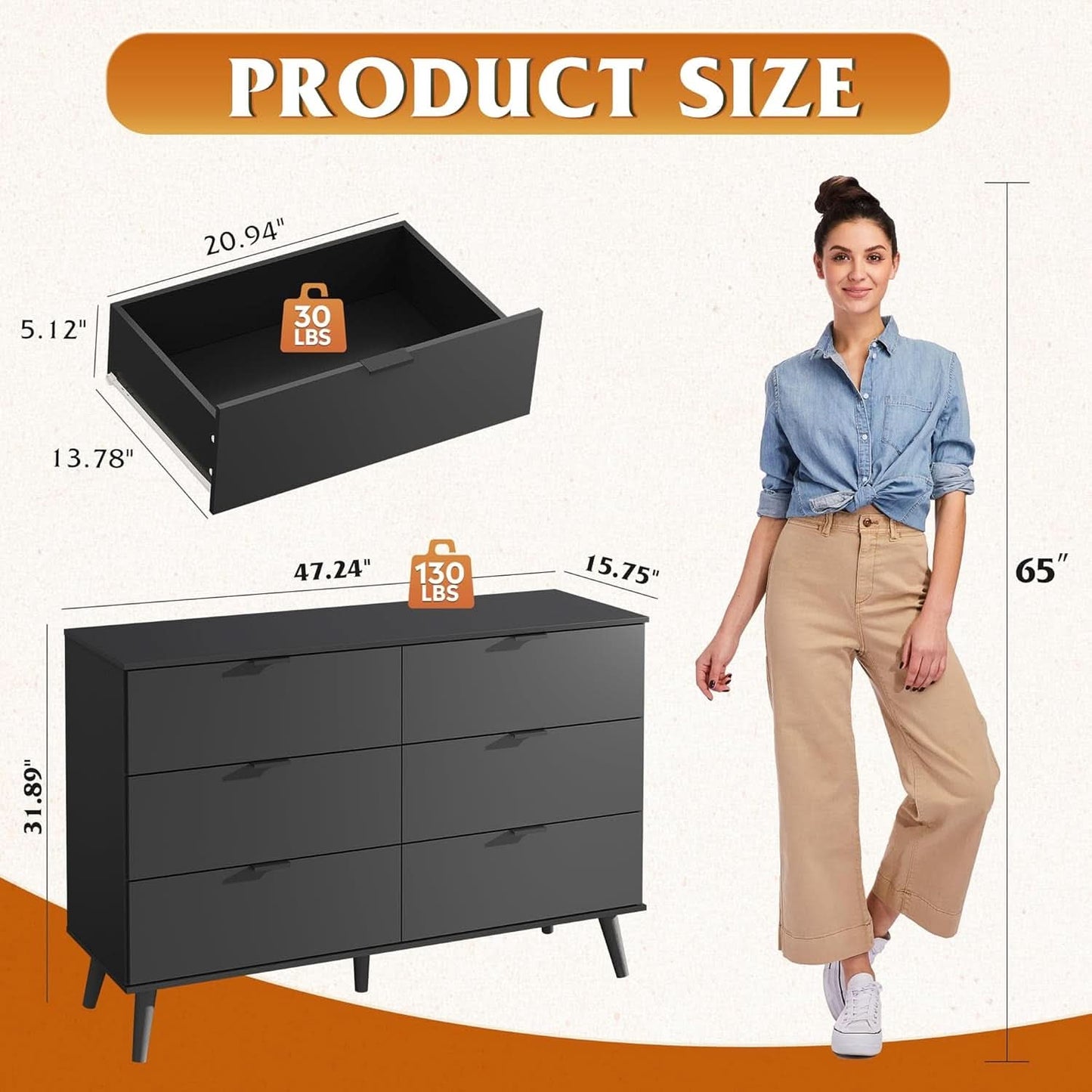 Black 47 Inch Dresser With Six Drawers Storage Options
