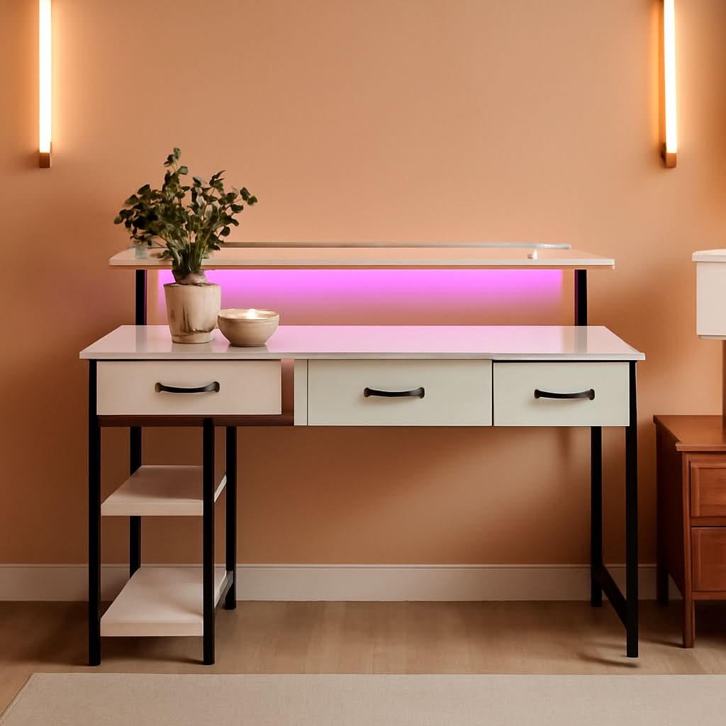47 Inch White Computer Desk With Power Outlets And LED
