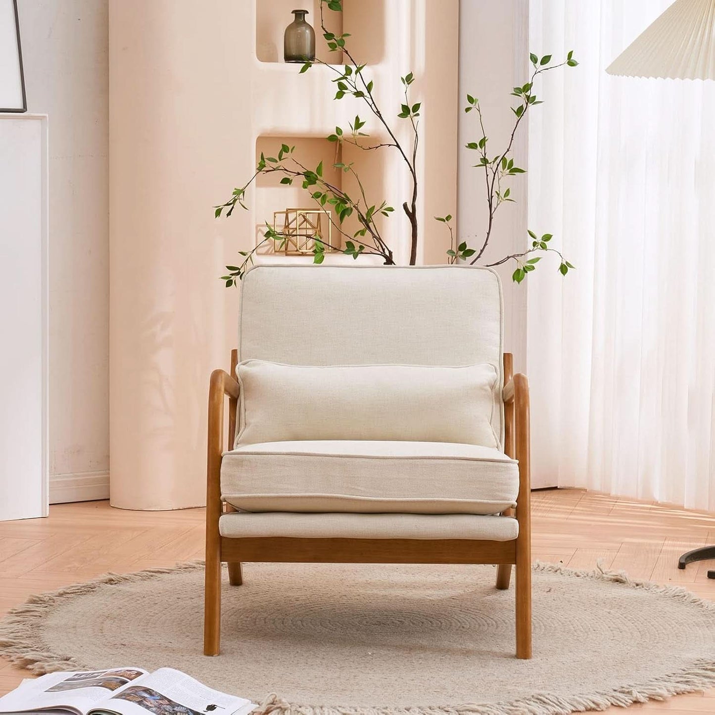 Beige Linen Fabric Mid Century Upholstered Accent Chair
