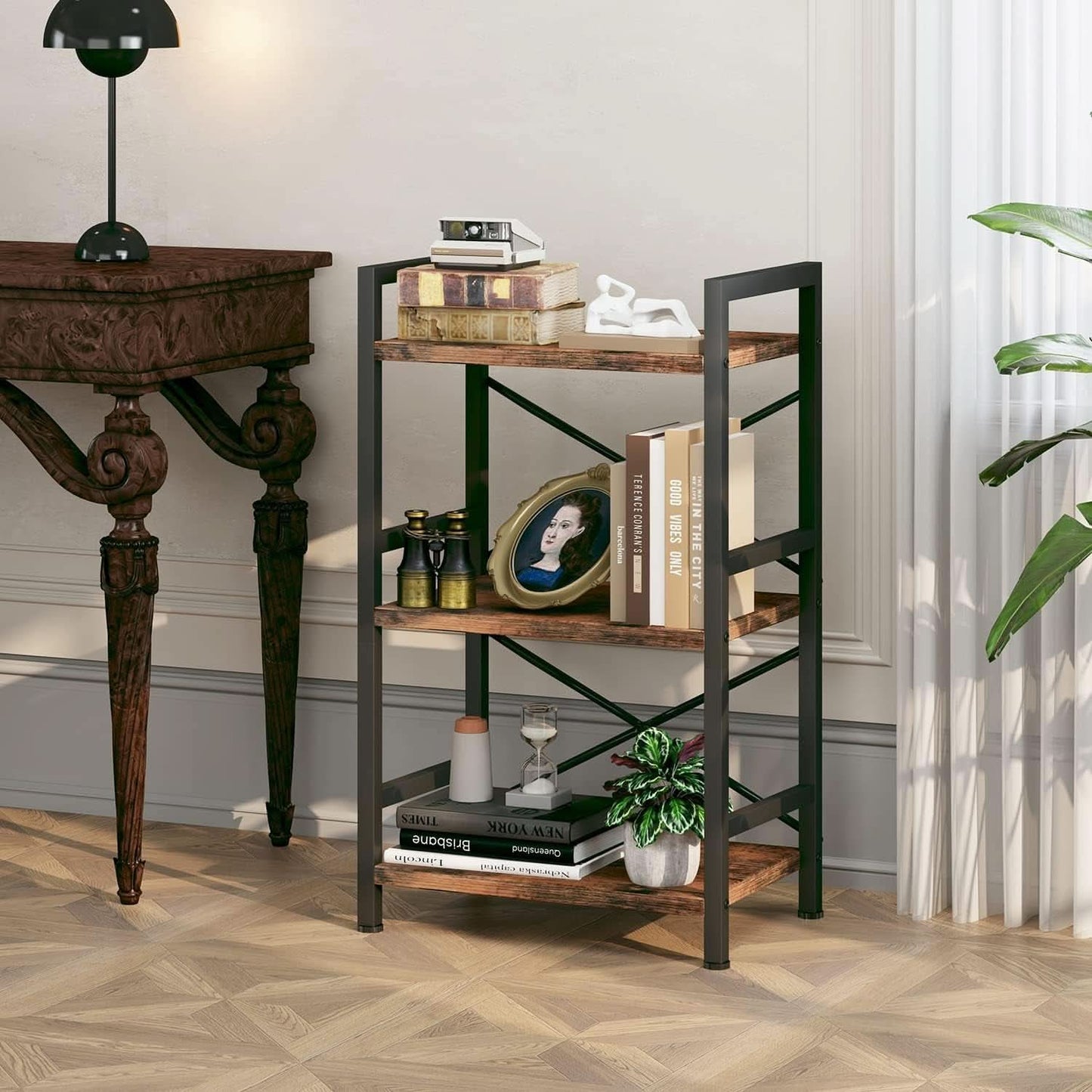 Rustic Brown 3 Tier Metal Bookshelf For Living Room