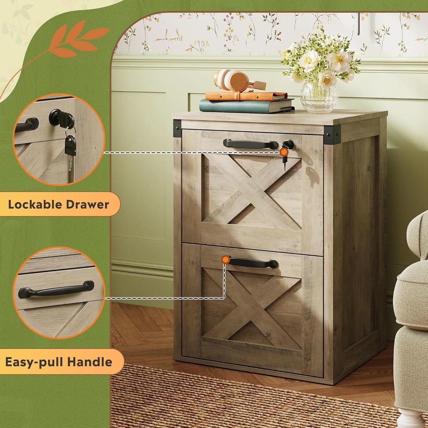 2 Drawer File Cabinet With Lock Gray Oak Farmhouse Home Office Printer Stand Fits Letter A4