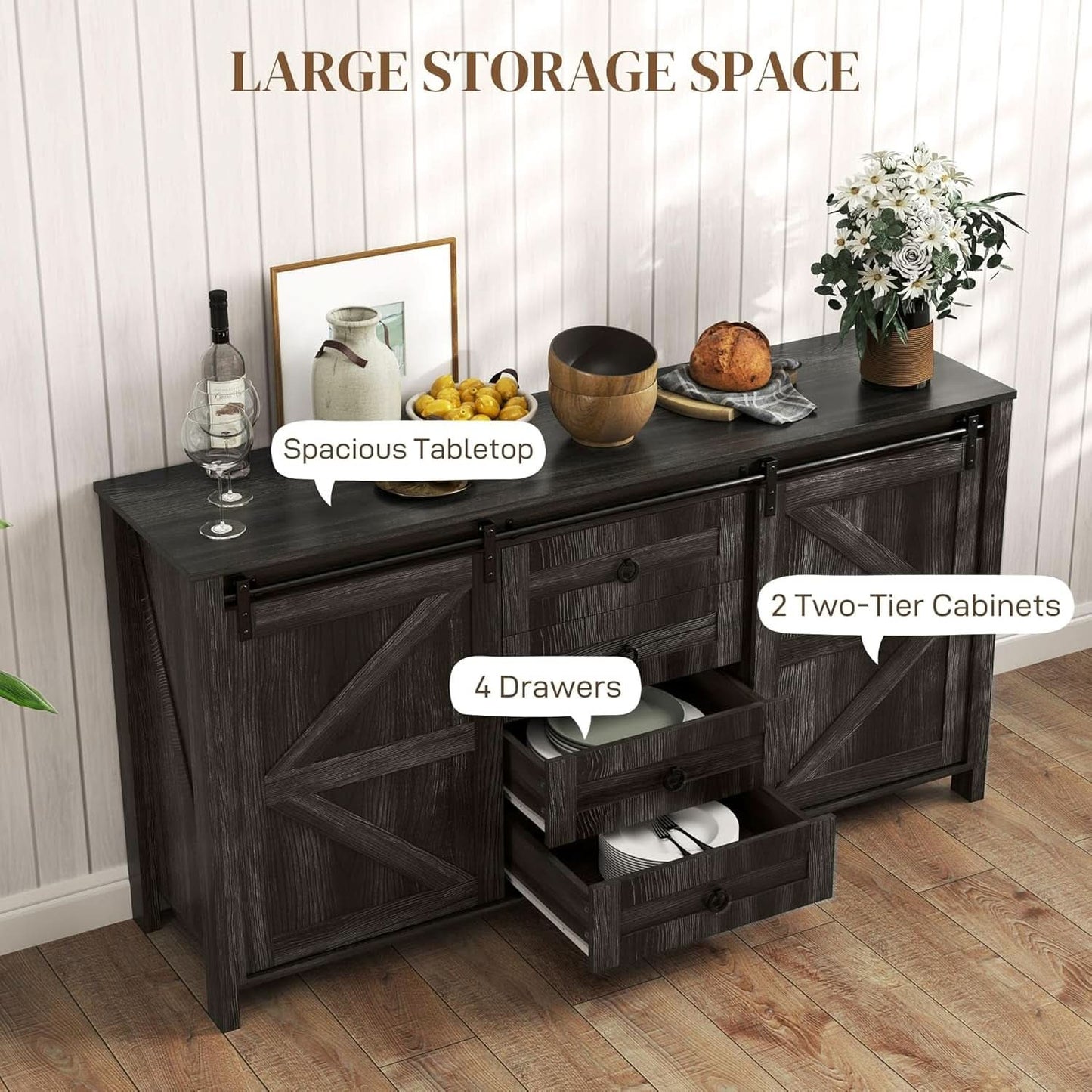 60 Inch Farmhouse Sideboard Buffet Cabinet Sliding Doors