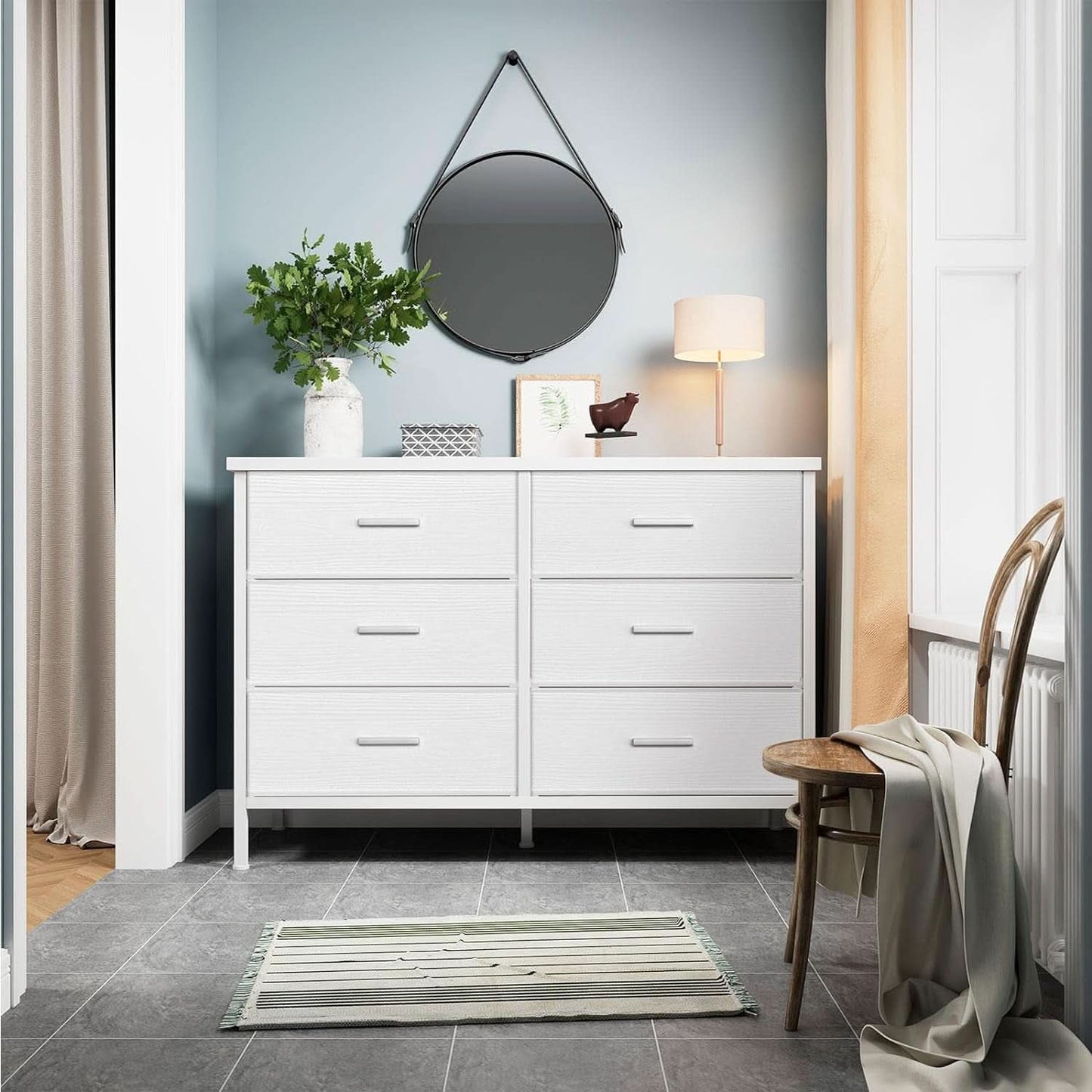 White Premium Fabric Dresser With Six Drawers And Wood Top