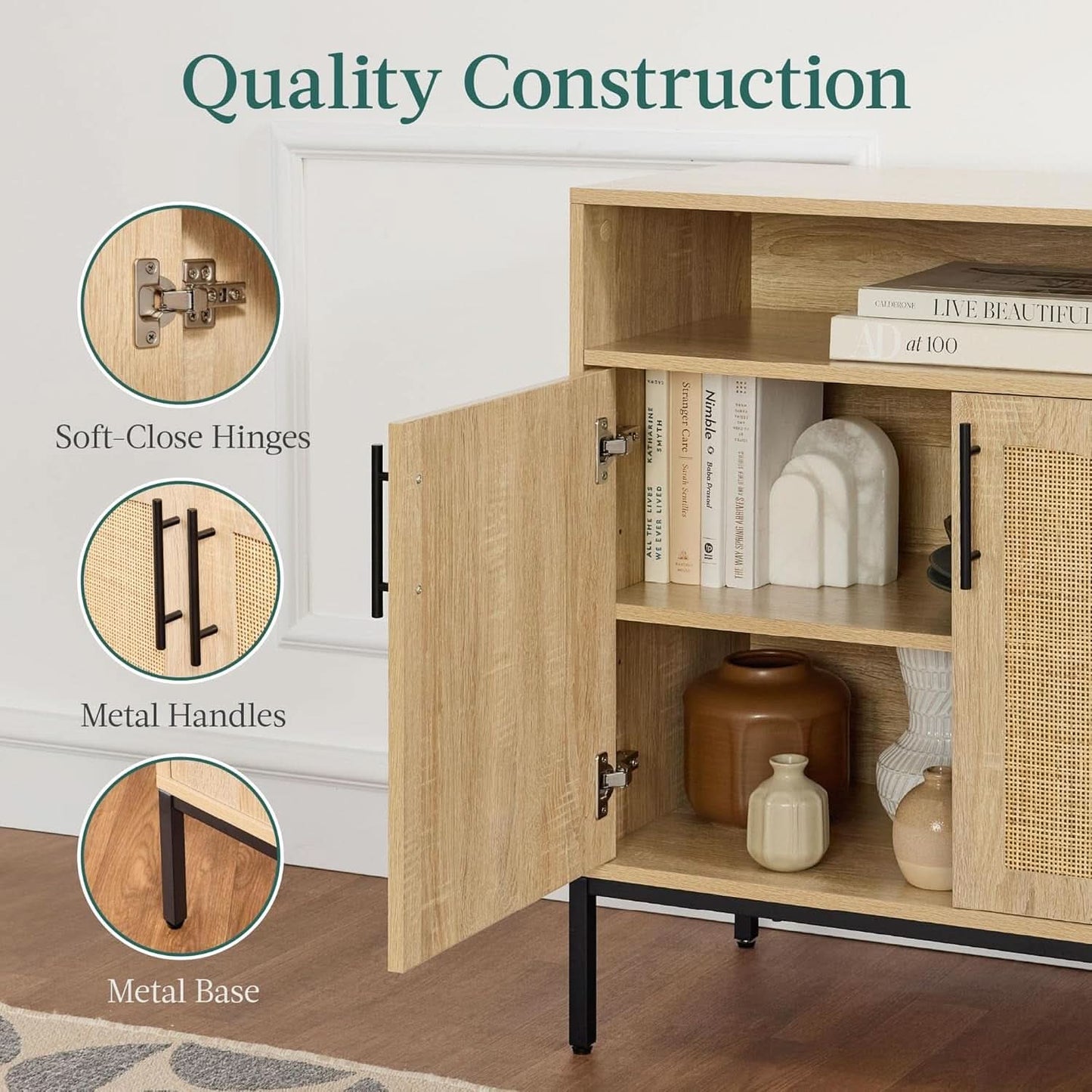 Rattan Sideboard Buffet Cabinet Natural Color Cord Cutout