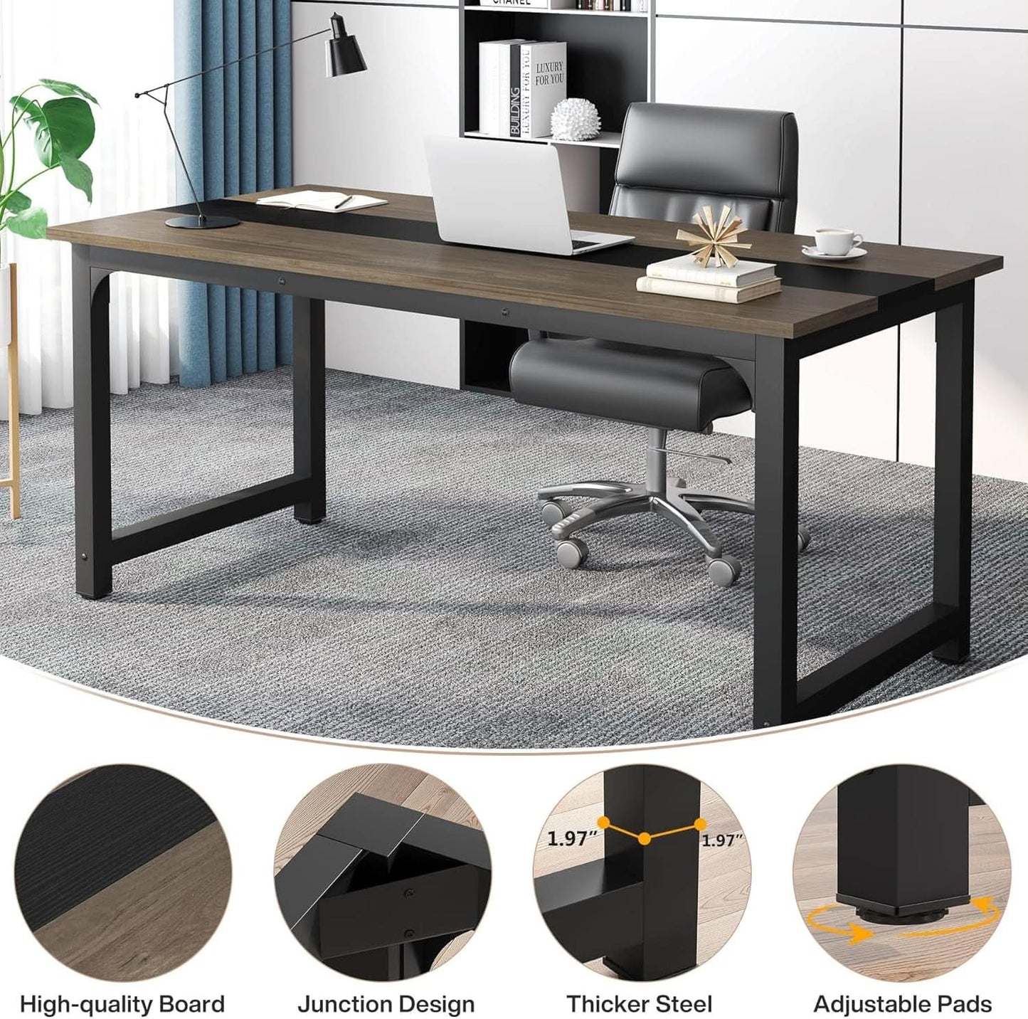 70.8 Inch Executive Desk Vintage Grey Black Large Office Computer Desk