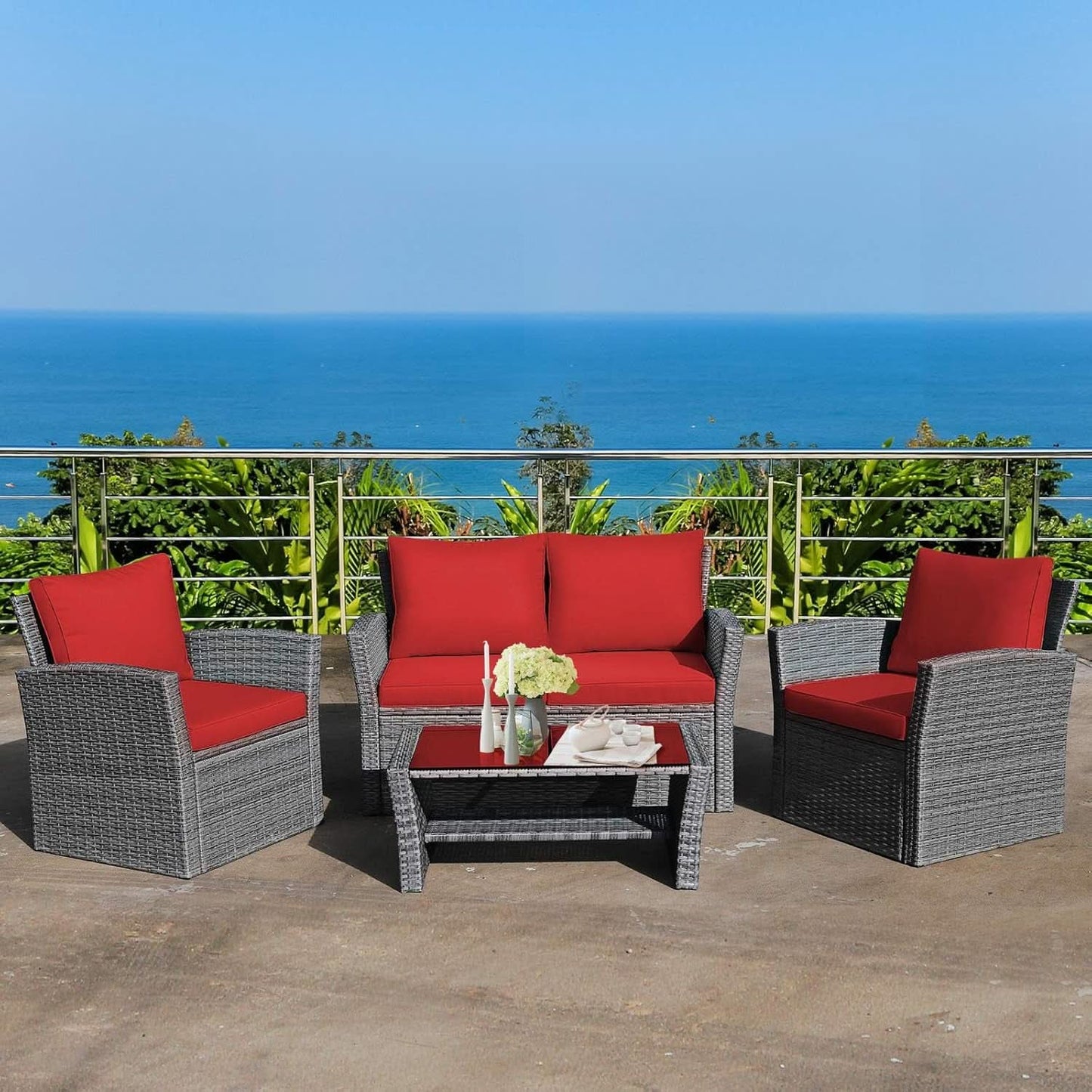4 Piece All Weather Patio Furniture Set With Cushions And Glass Table