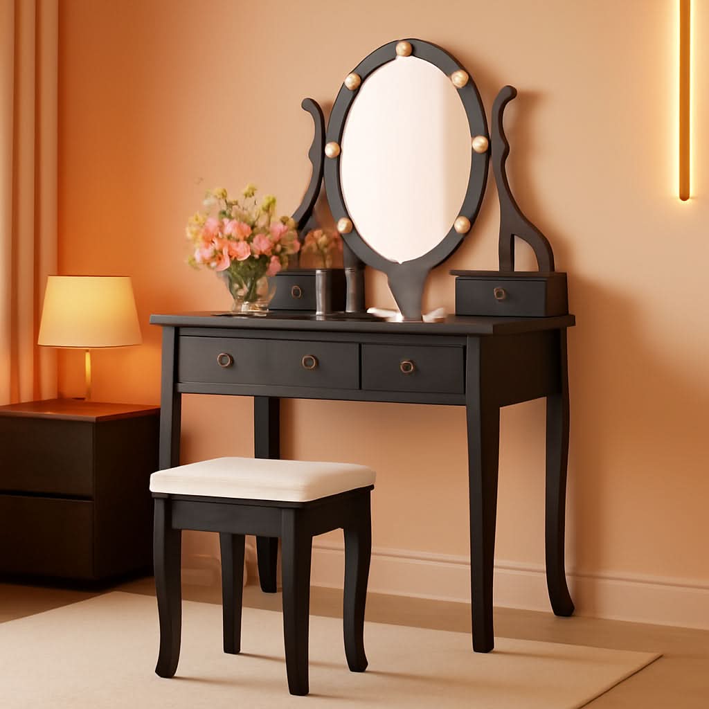 Three Color Dimmable LED Lighted Vanity Mirror Set With Built In Storage For Makeup Station