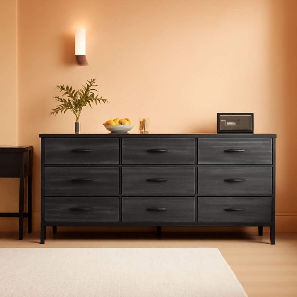 9 Drawer Dresser TV Stand 55 Inch Charcoal Black Wood Grain