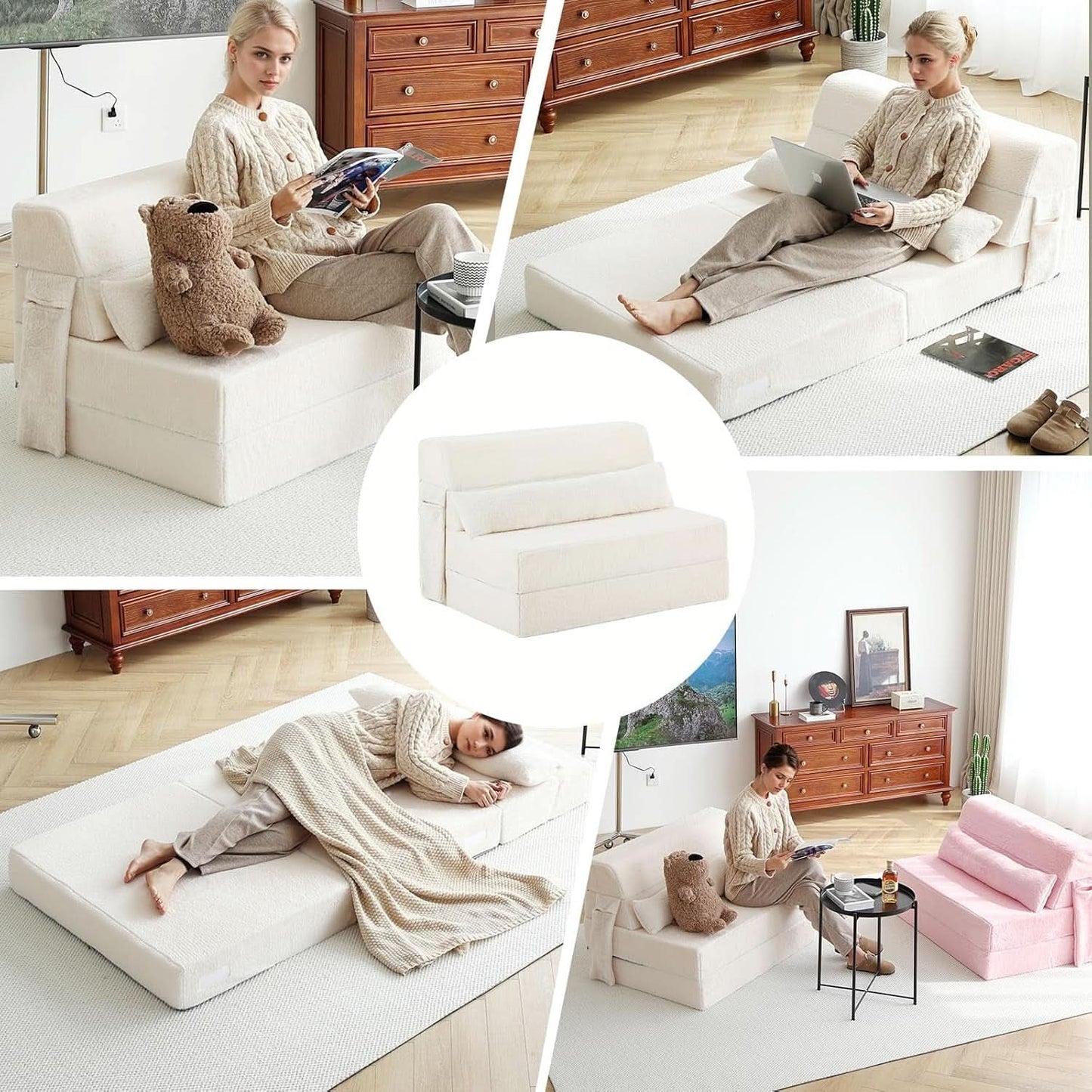 Multifunctional Sleeper Sofa Bed Single Size Beige