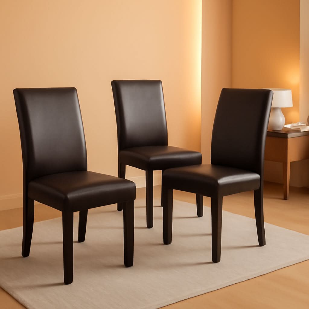 Set Of 4 Dark Brown PU Leather Dining Chairs With Wood Legs