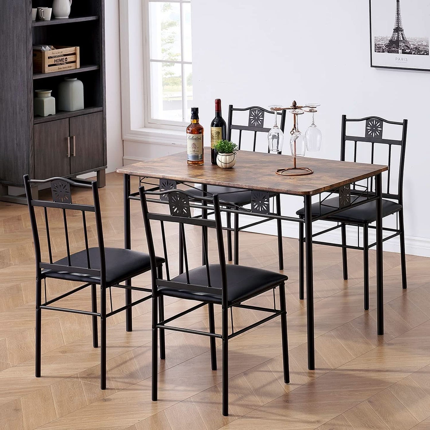 Dining Table Set For 4 With Wood Top Table And Stowable Chairs In Retro Brown