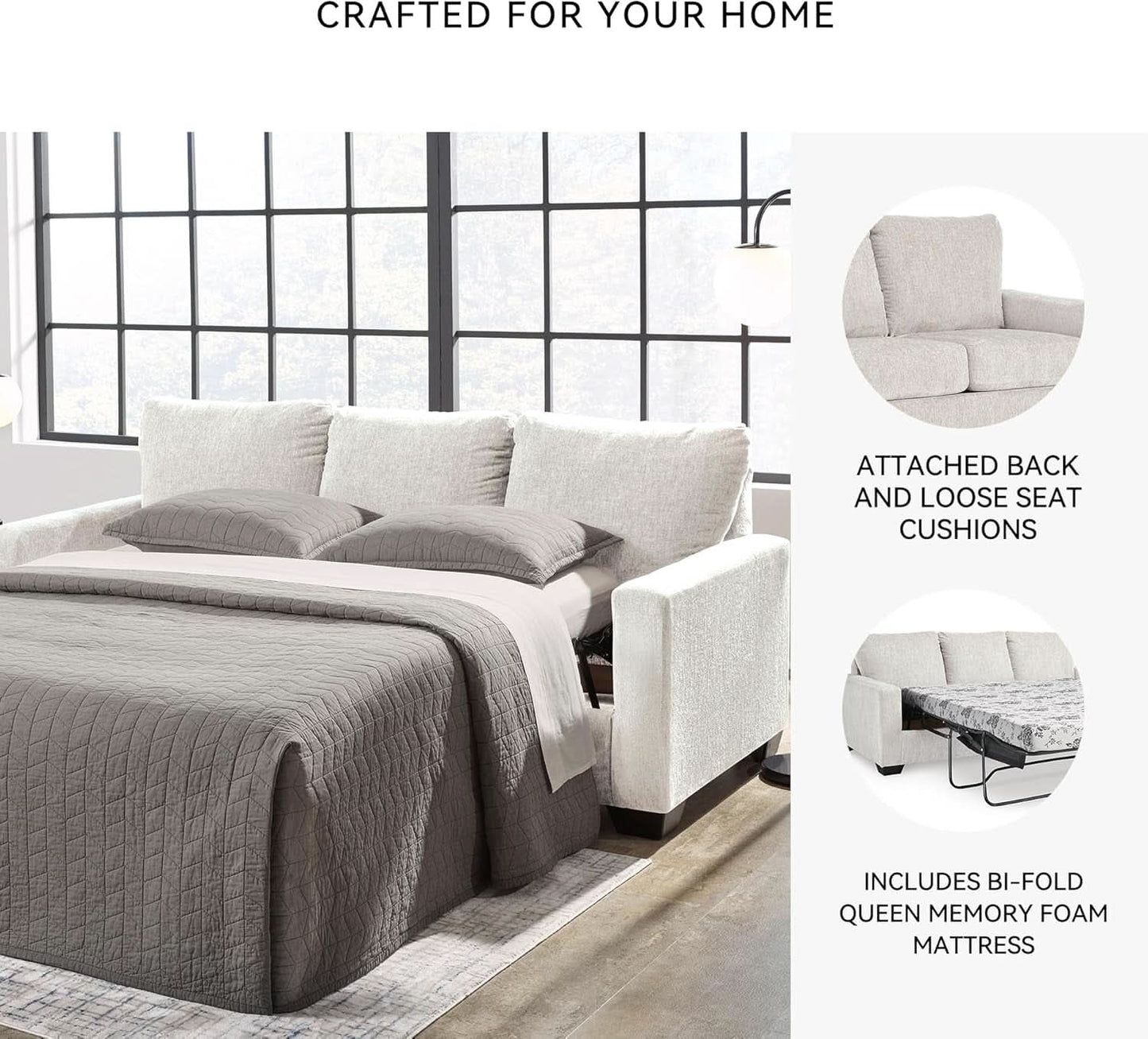 White Queen Upholstered Sleeper Sofa With Gel Memory Foam