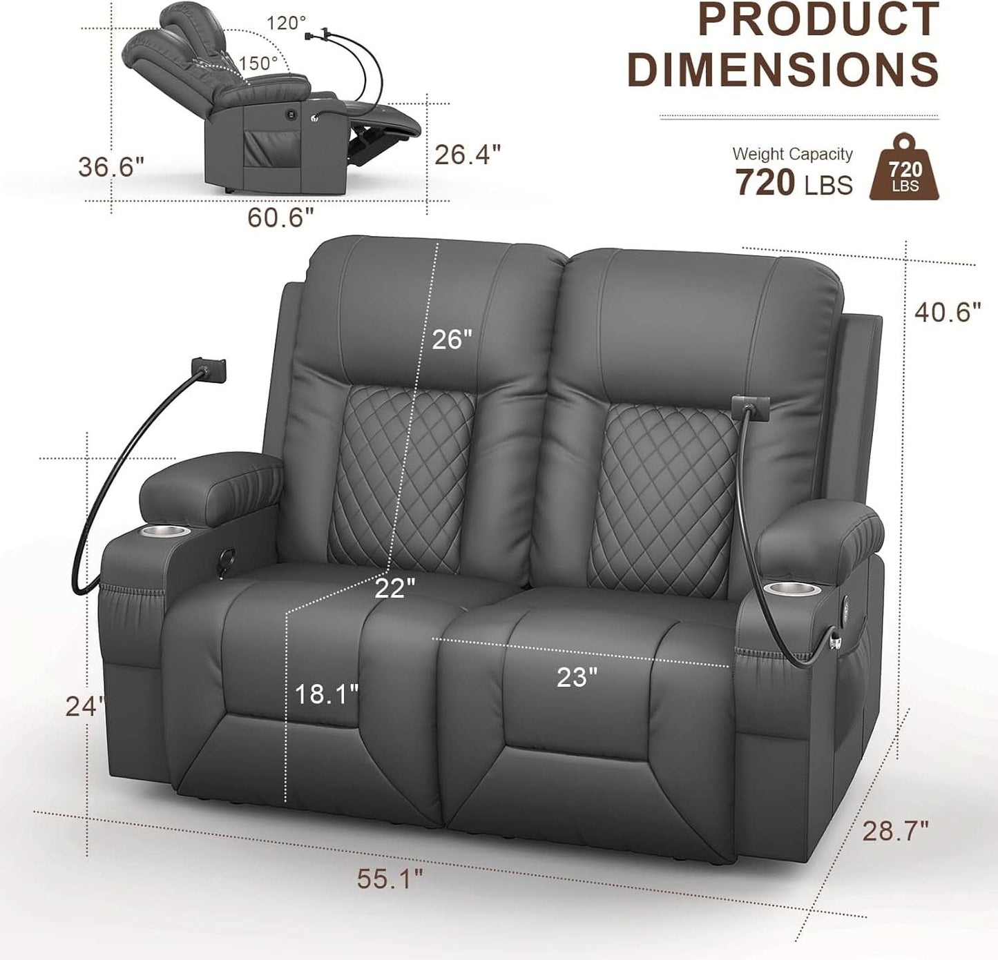 Gray PU Leather Two Seater Recliner Loveseat With USB Ports
