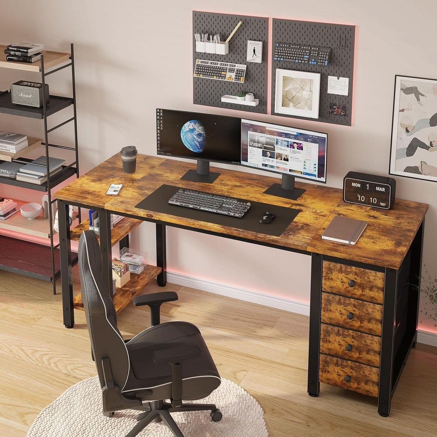 55 Inch Rustic Brown Computer Desk With 4 Fabric Drawers