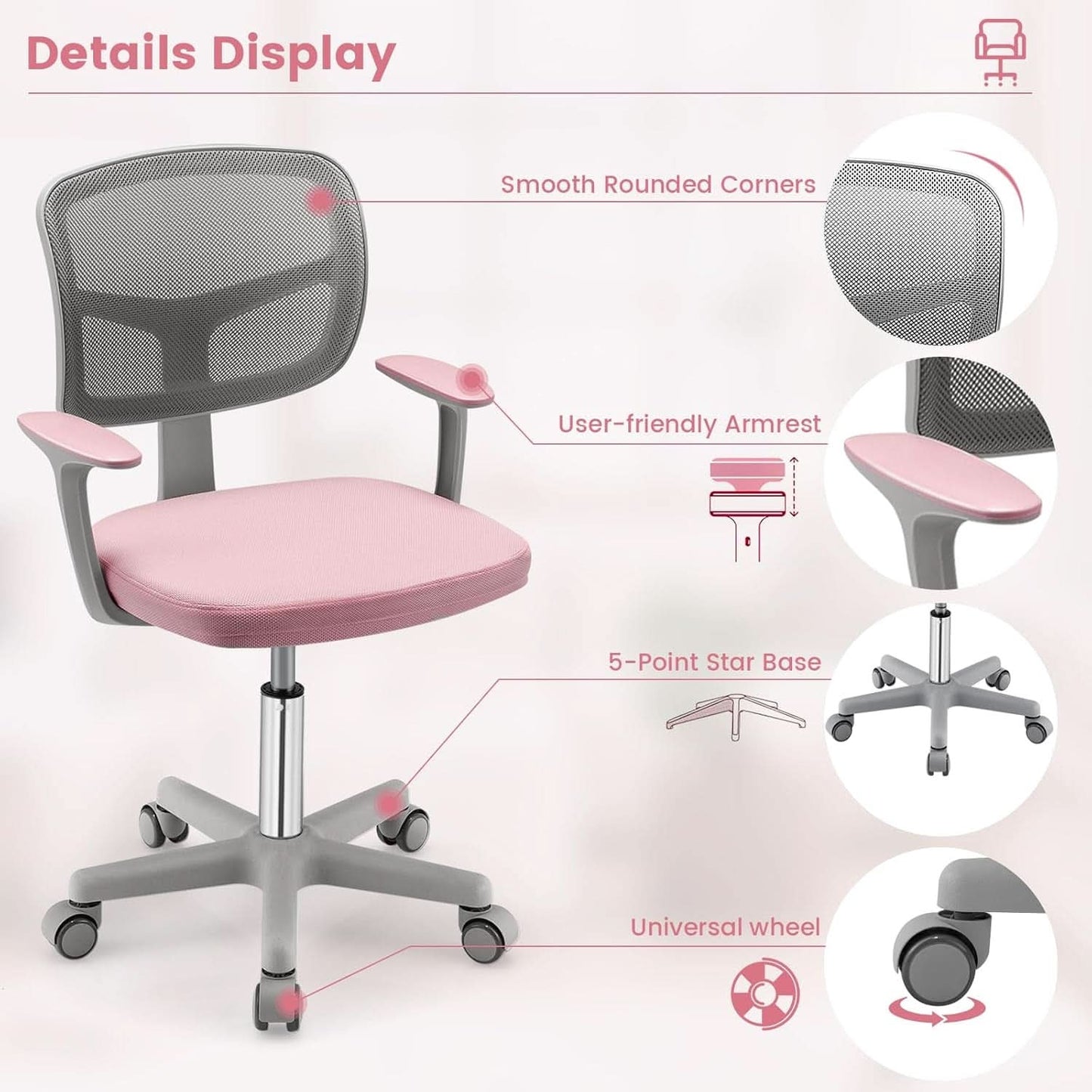 Kids Desk Chair Pink Height Adjustable Lumbar Support