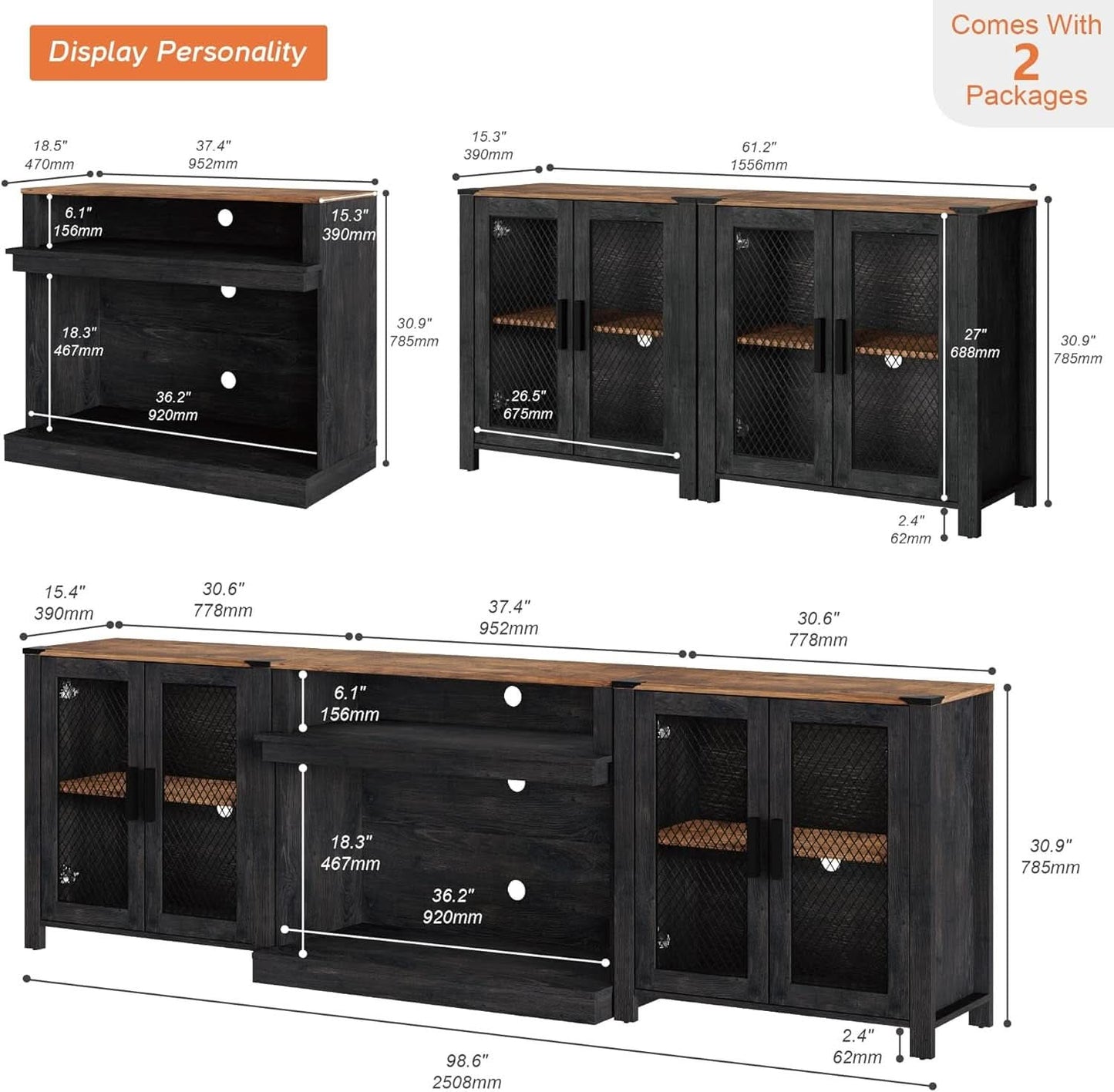 Two In One 100 Inch TV Stand Farmhouse Entertainment Center Dark Walnut And Black