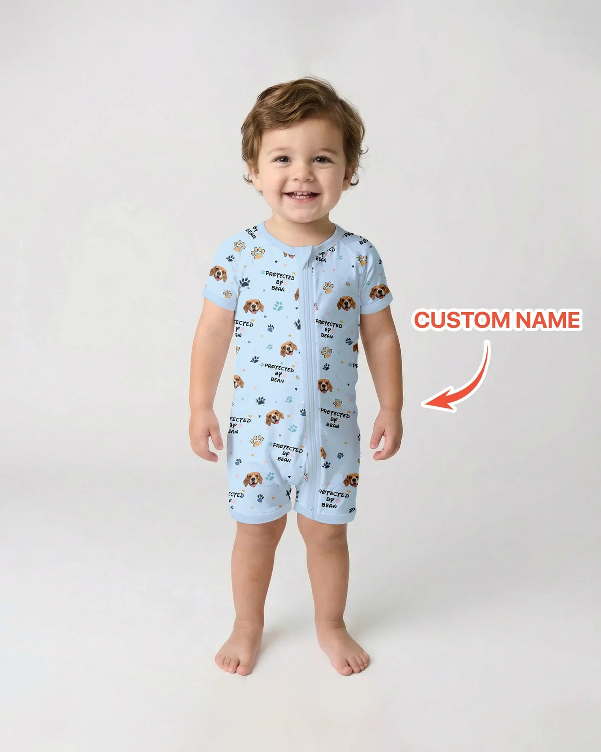 Custom Dog Photo Pattern "Protected By" Shorty Zippered Romper