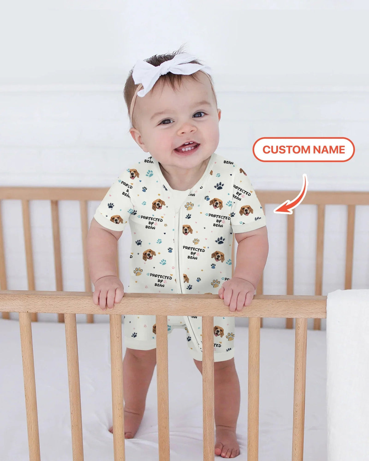 Custom Dog Photo Pattern "Protected By" Shorty Zippered Romper