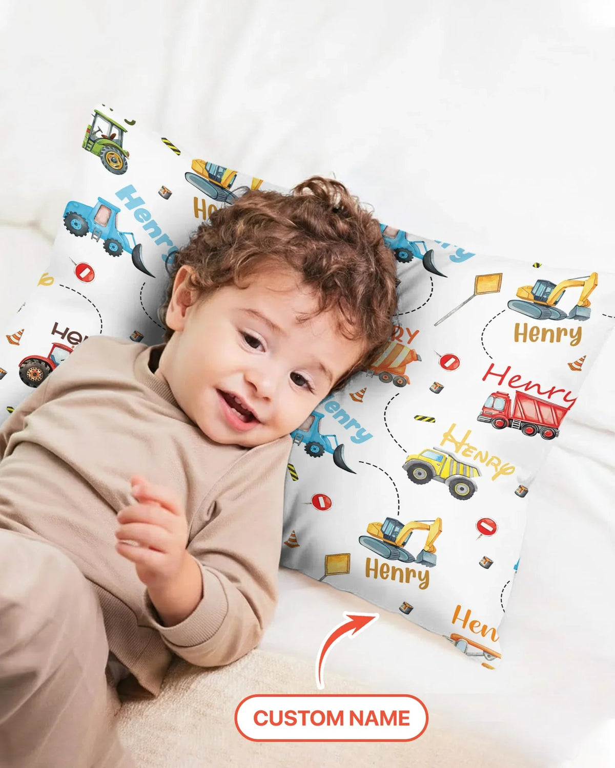 Construction Vehicles Custom Name Pillow Case