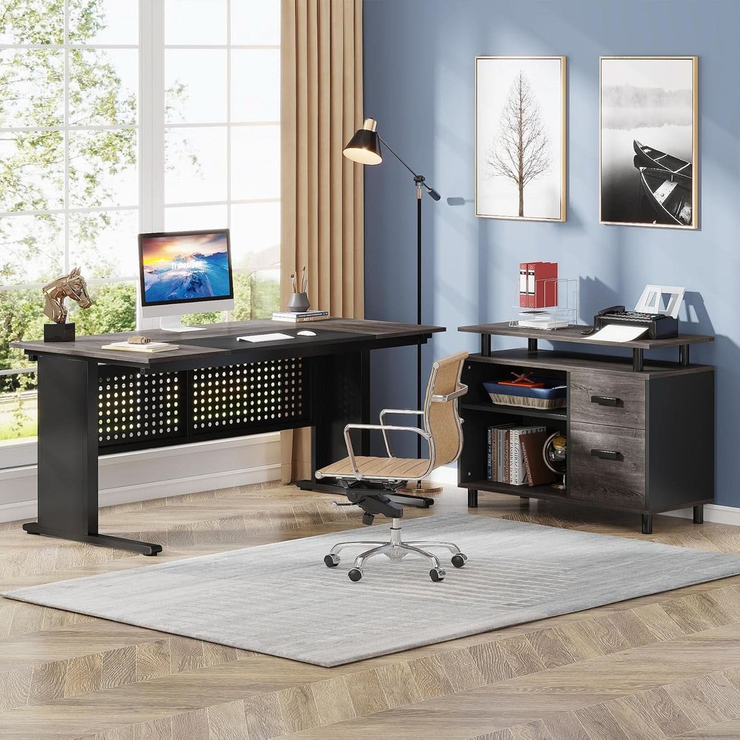 63 Inch Executive Desk With Integrated Cabinet Gray