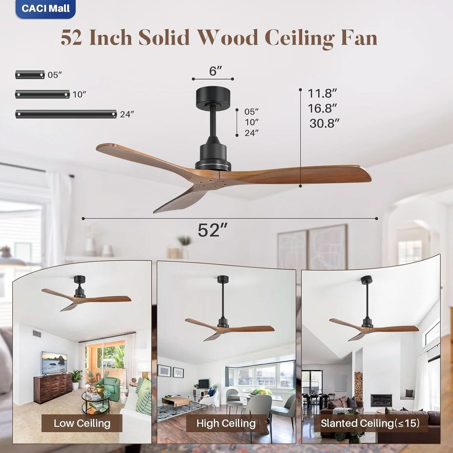 Wood Ceiling Fan 52 Inch Walnut Remote